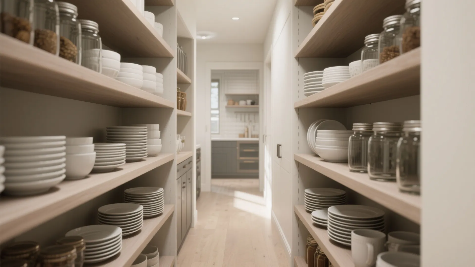 Open display shelves in a pantry showcasing dinnerware and glass jars