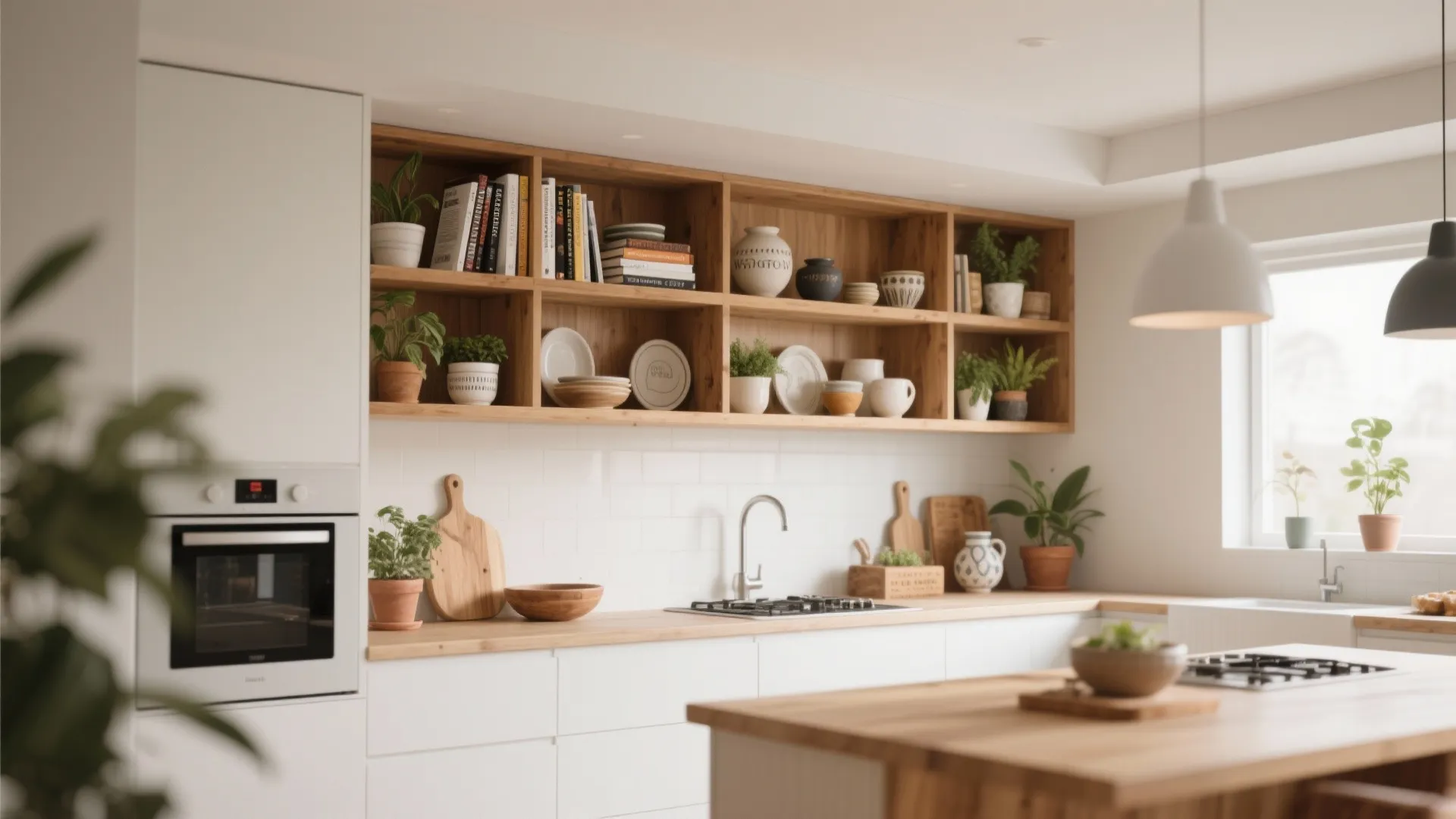 Modern kitchen with white cabinets wooden countertops open display shelves filled with books and ceramic plates