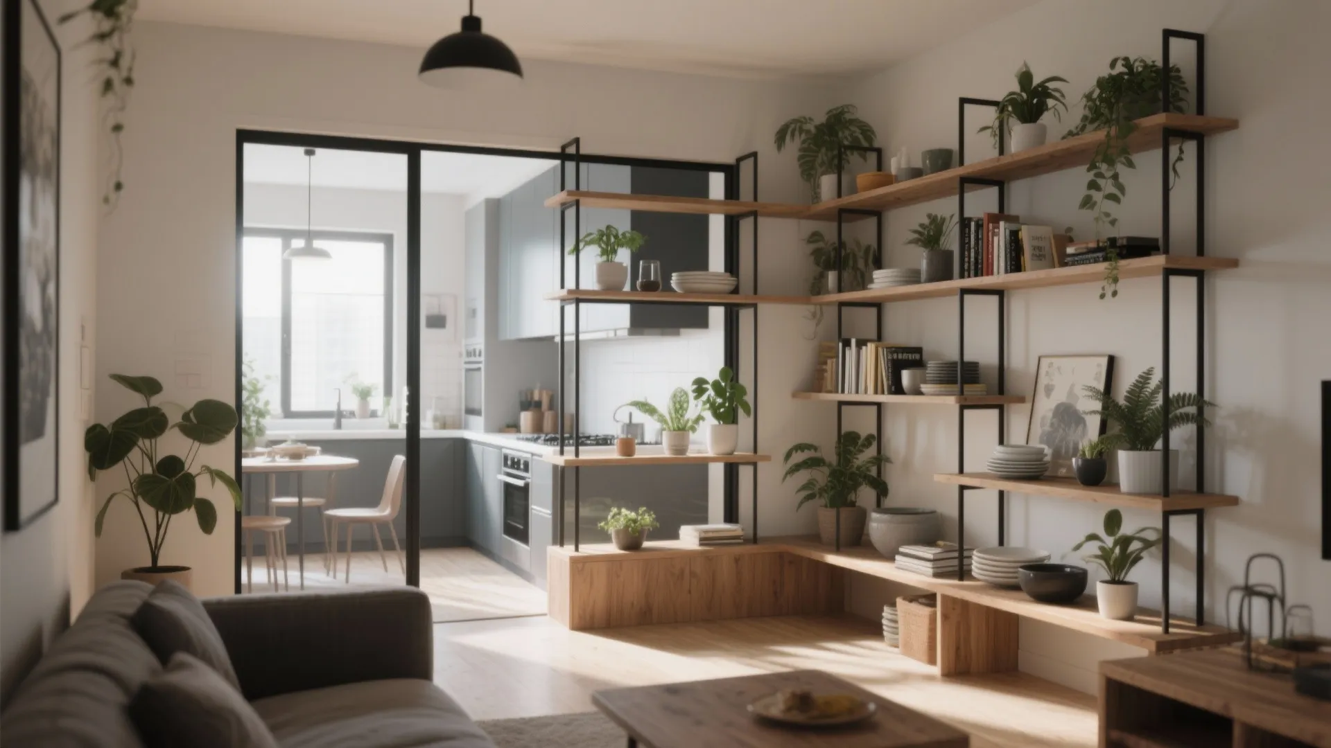 Open shelf room layout between a living room and kitchen decorated with green potted plants