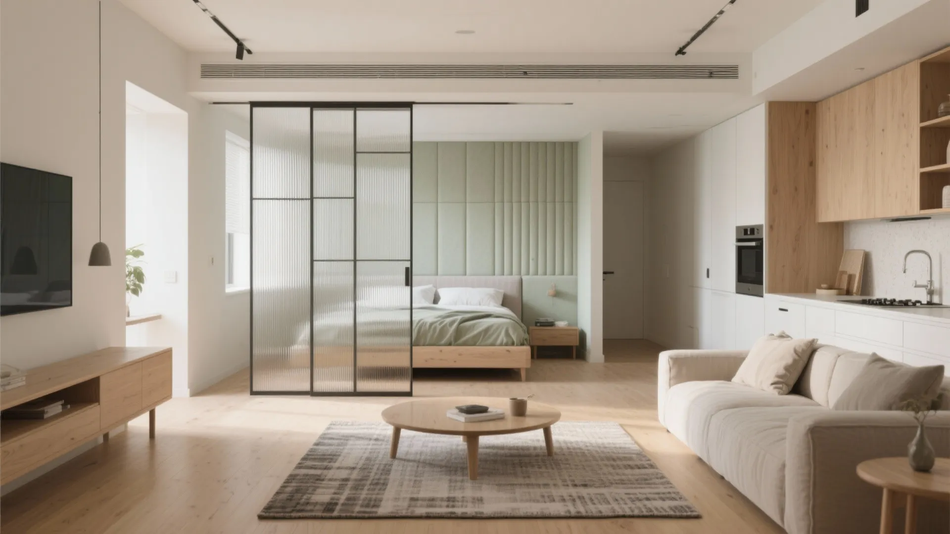 1) Open-plan living with a flexible bedroom divider