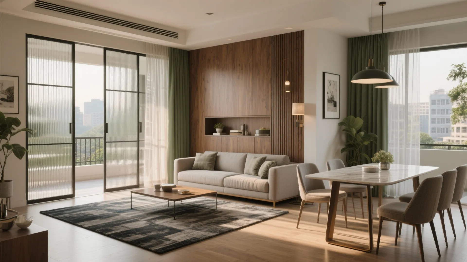 Open-plan living–dining with sliding dividers