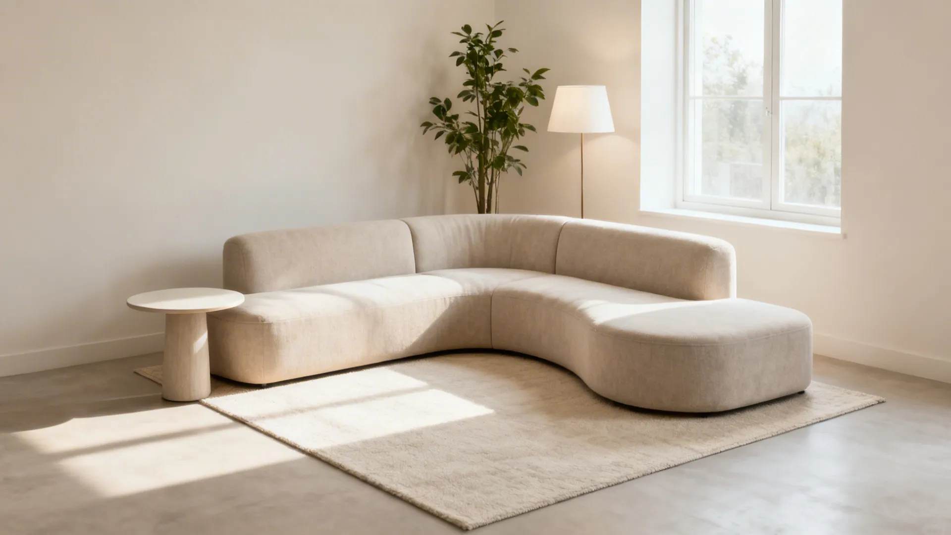 Curved beige sofa in minimalist living room with green plant side table and natural light