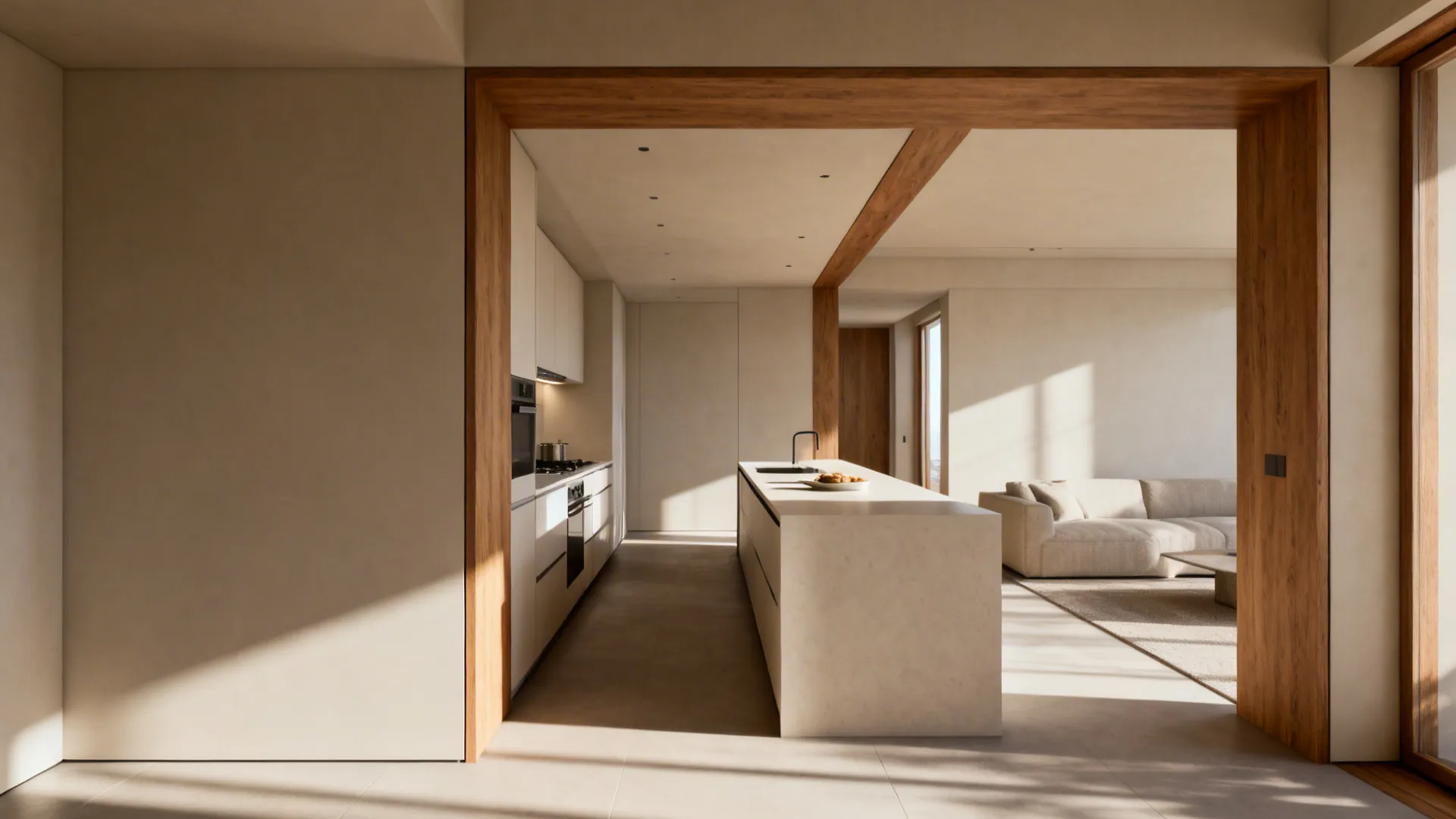 Galley kitchen open to living area with narrow breakfast counter and extended sightlines.