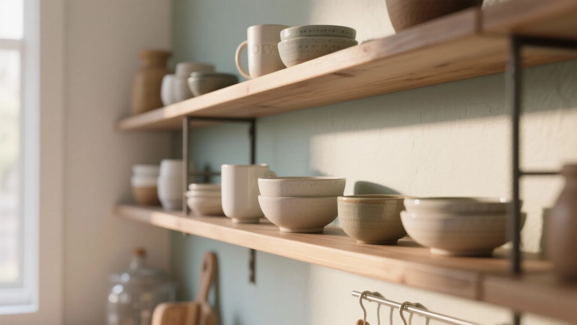 Close up of wooden wall shelves holding ceramic bowls and mugs in a bright natural kitchen