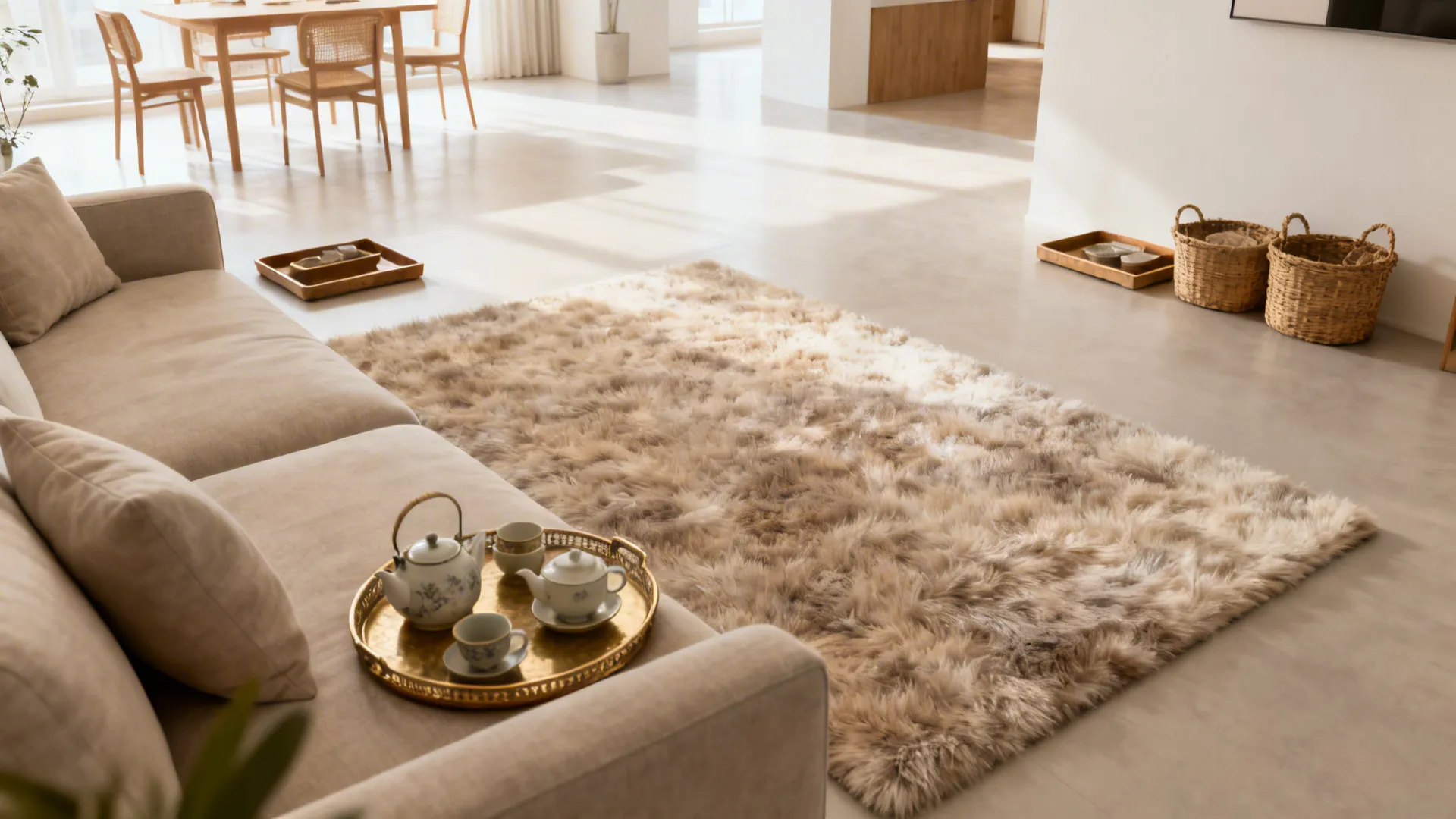 Minimal living room with open center and accent tray area on a plush rug near the sofa.