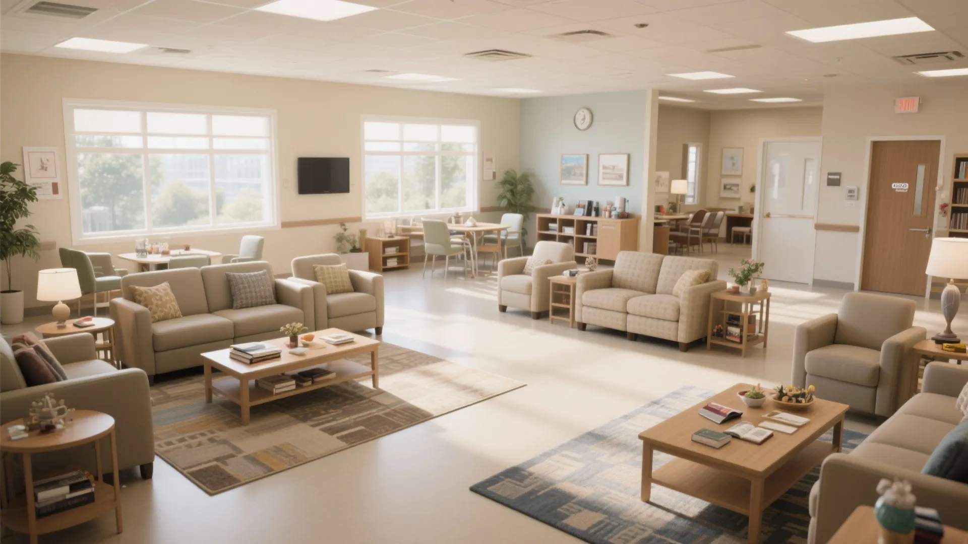 Large open plan living area with multiple beige sofas wooden coffee tables rugs and windows