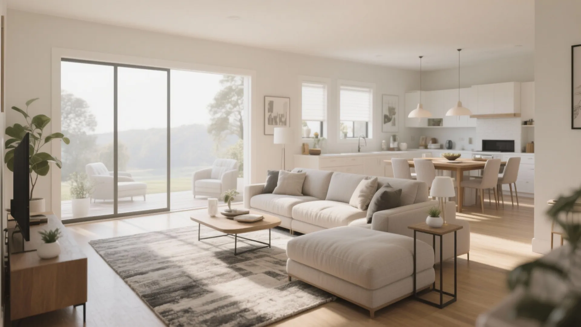 Bright open layout living room with large sofa, wooden coffee table, and kitchen dining area