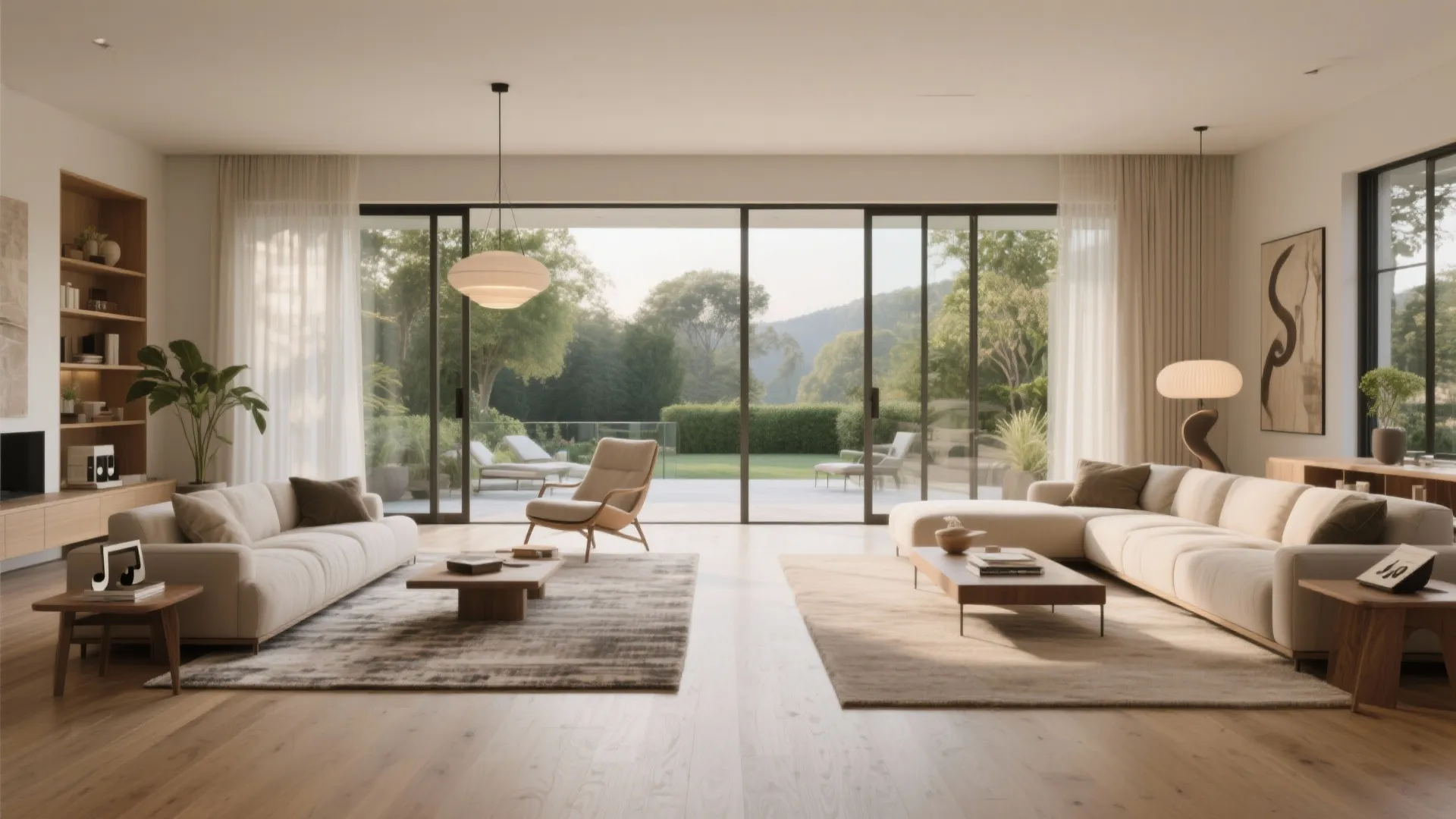 Spacious modern living room featuring large glass doors opening to a garden with green trees