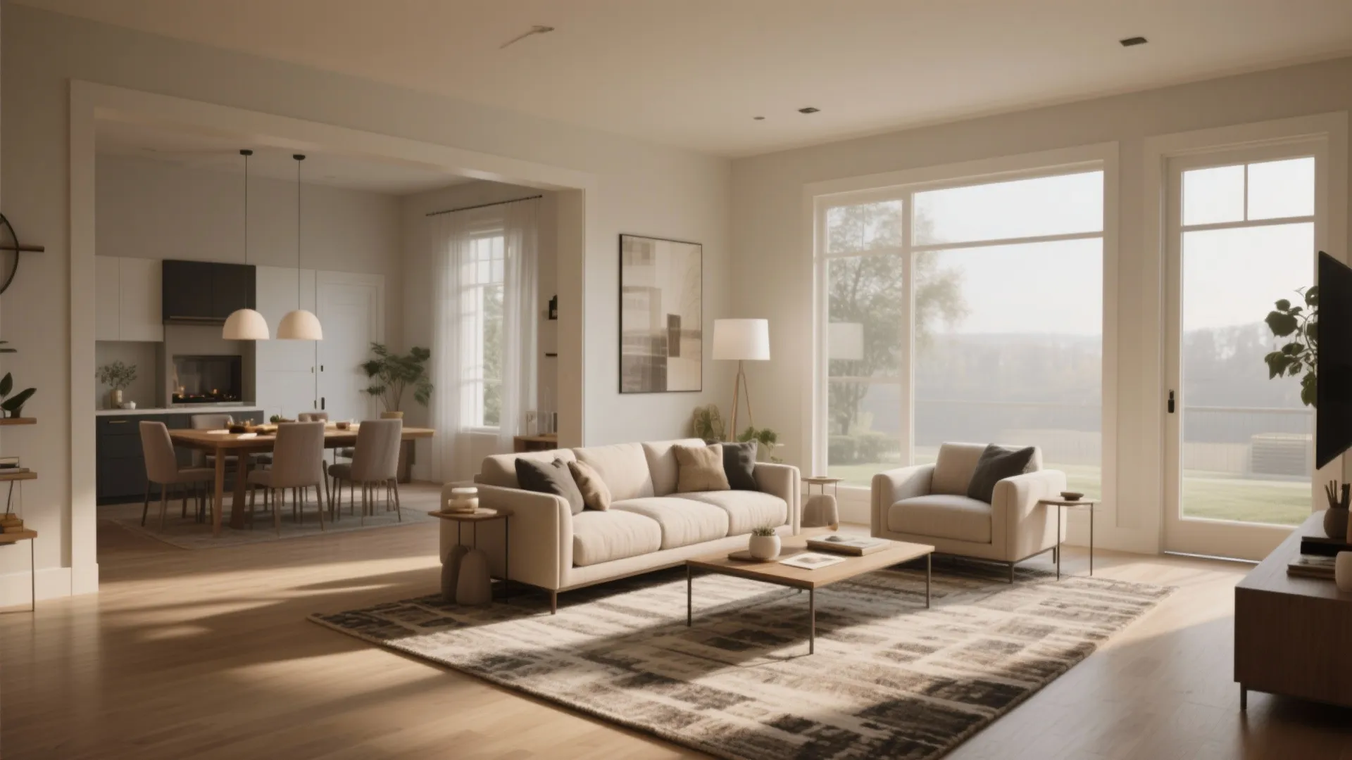 Open plan living and dining room with beige sofa coffee table rug and large windows