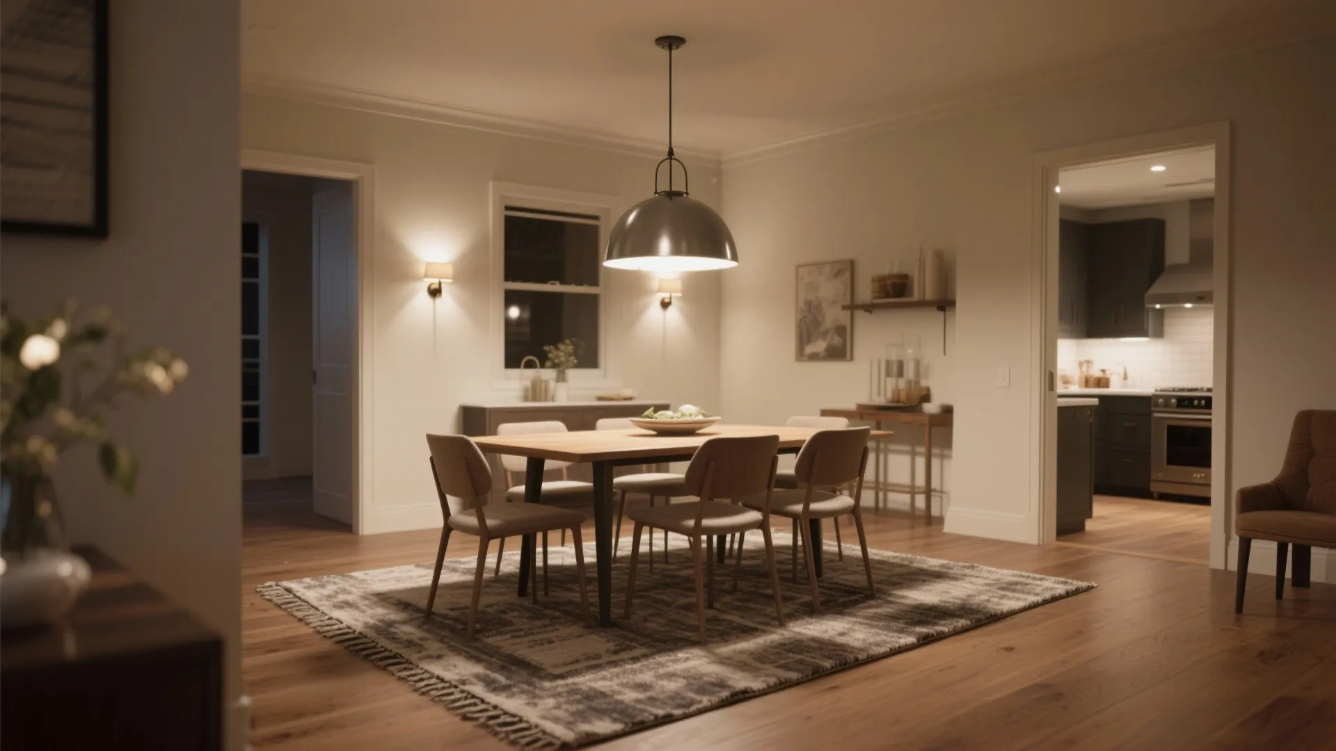 Modern dining table on patterned rug with chairs, large ceiling light, and warm wall lights