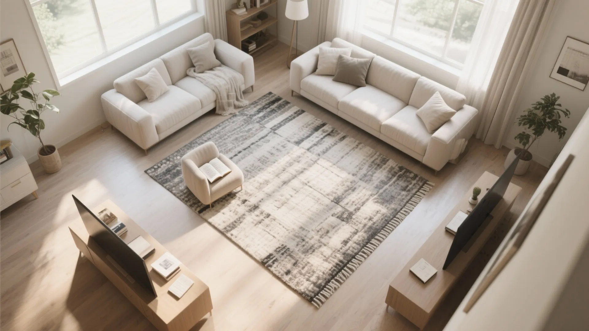 Top view of a bright living room with two white sofas large rug and television