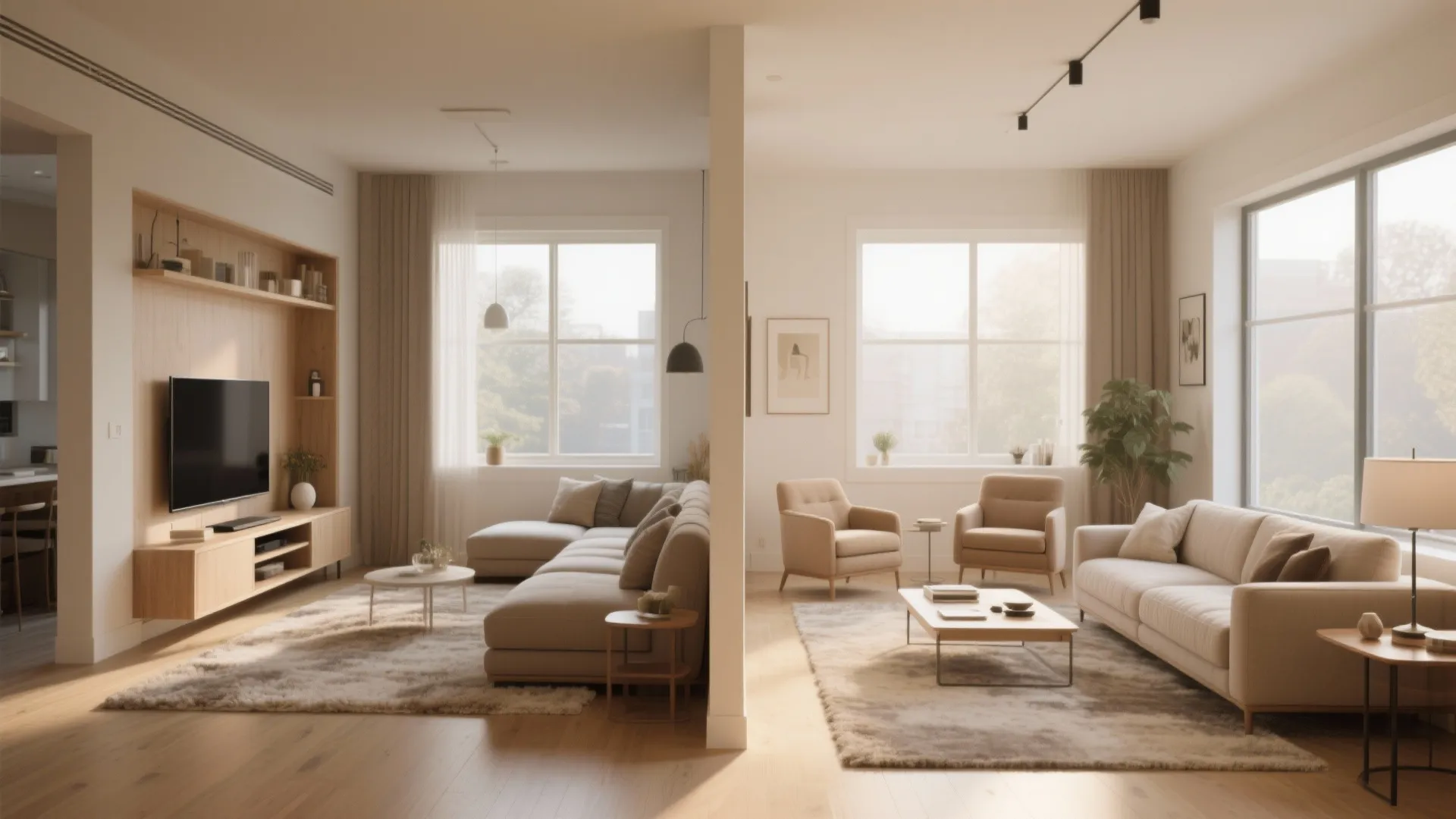 Modern living room layout divided by wall with beige sofa television cabinet armchairs and windows