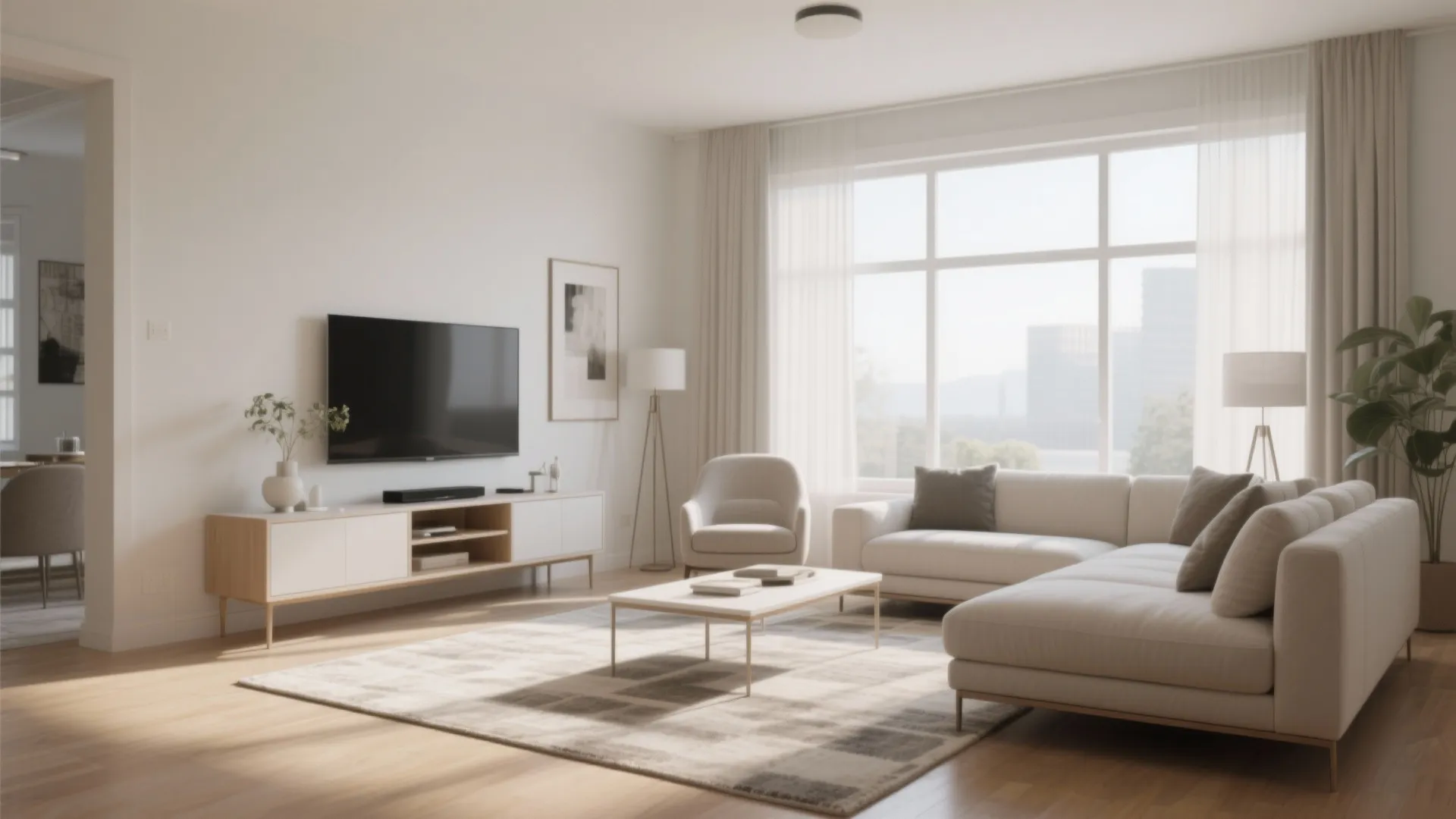 Bright minimalist living room with white sectional sofa television cabinet floor lamp and thin white curtains