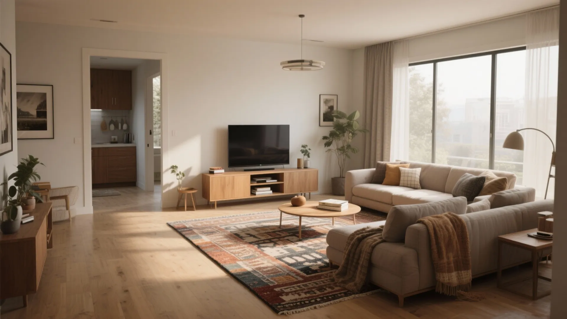 Bright open plan living room with wooden cabinet, television, sectional sofa, colorful rug, and windows