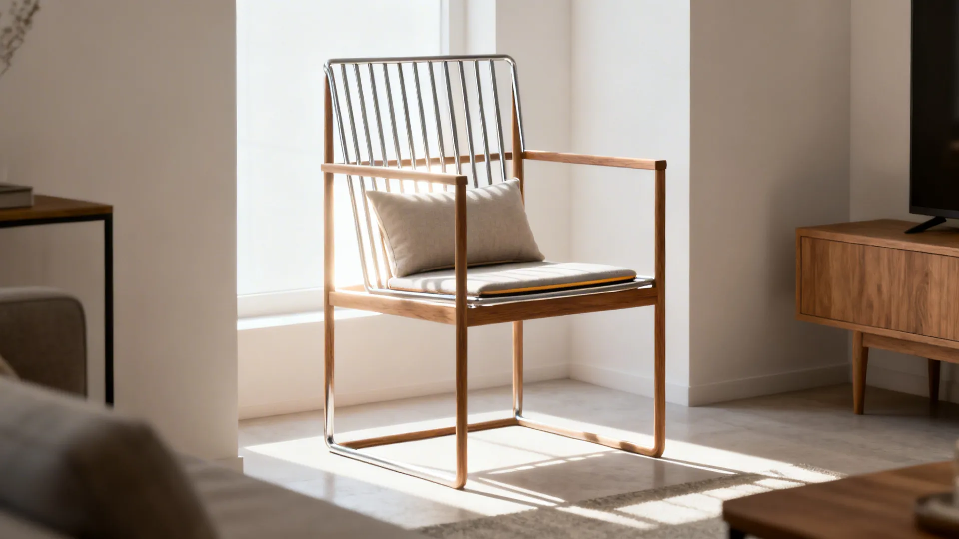 Open-frame accent chair with metal slats and a lumbar pillow letting light pass through.