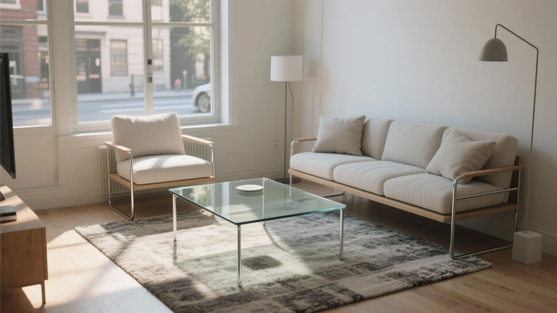 Modern living room with glass coffee table beige sofa grey rug and tall floor light