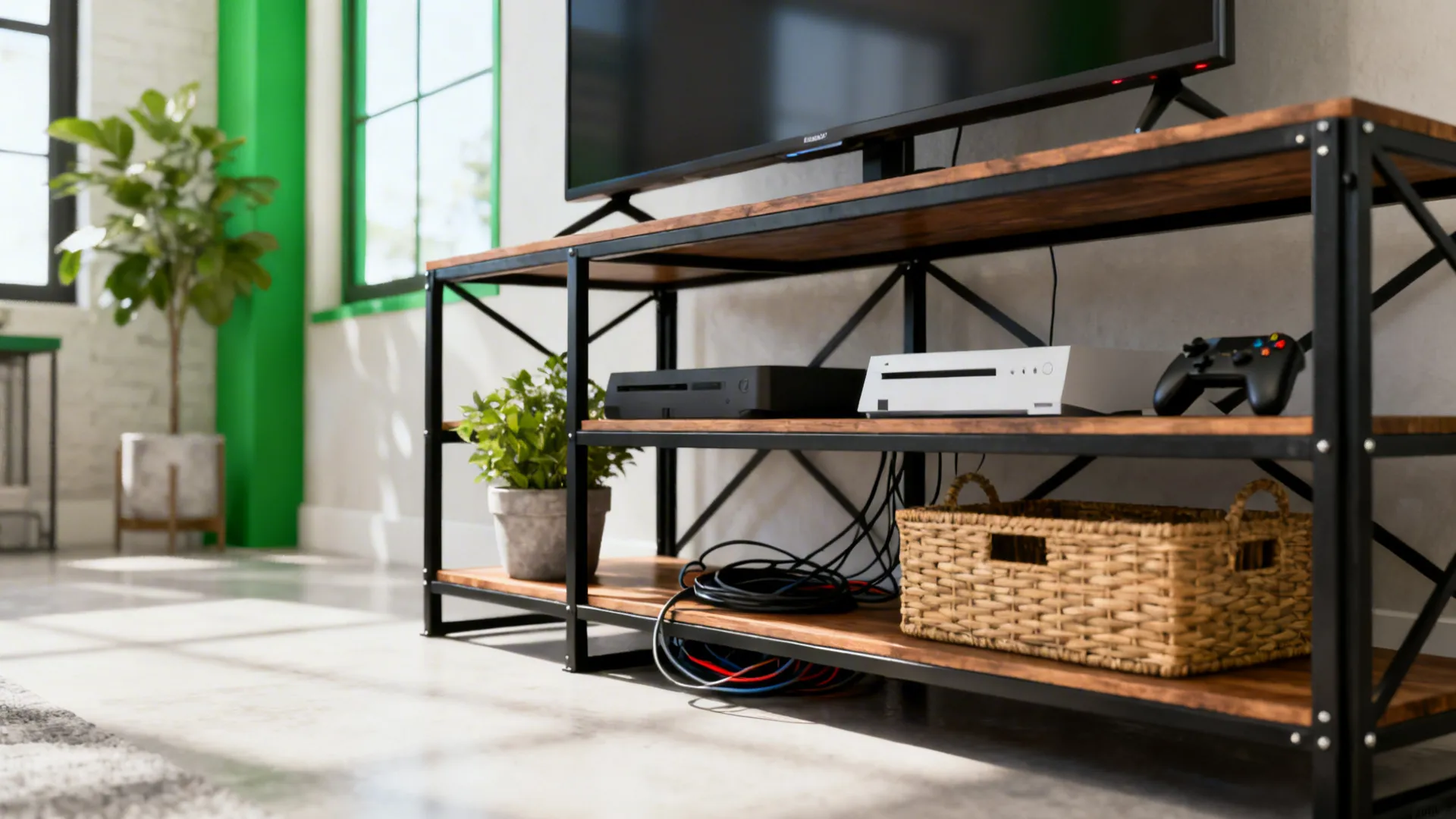 Open-frame metal TV stand with baskets and curated decor in a small living room.