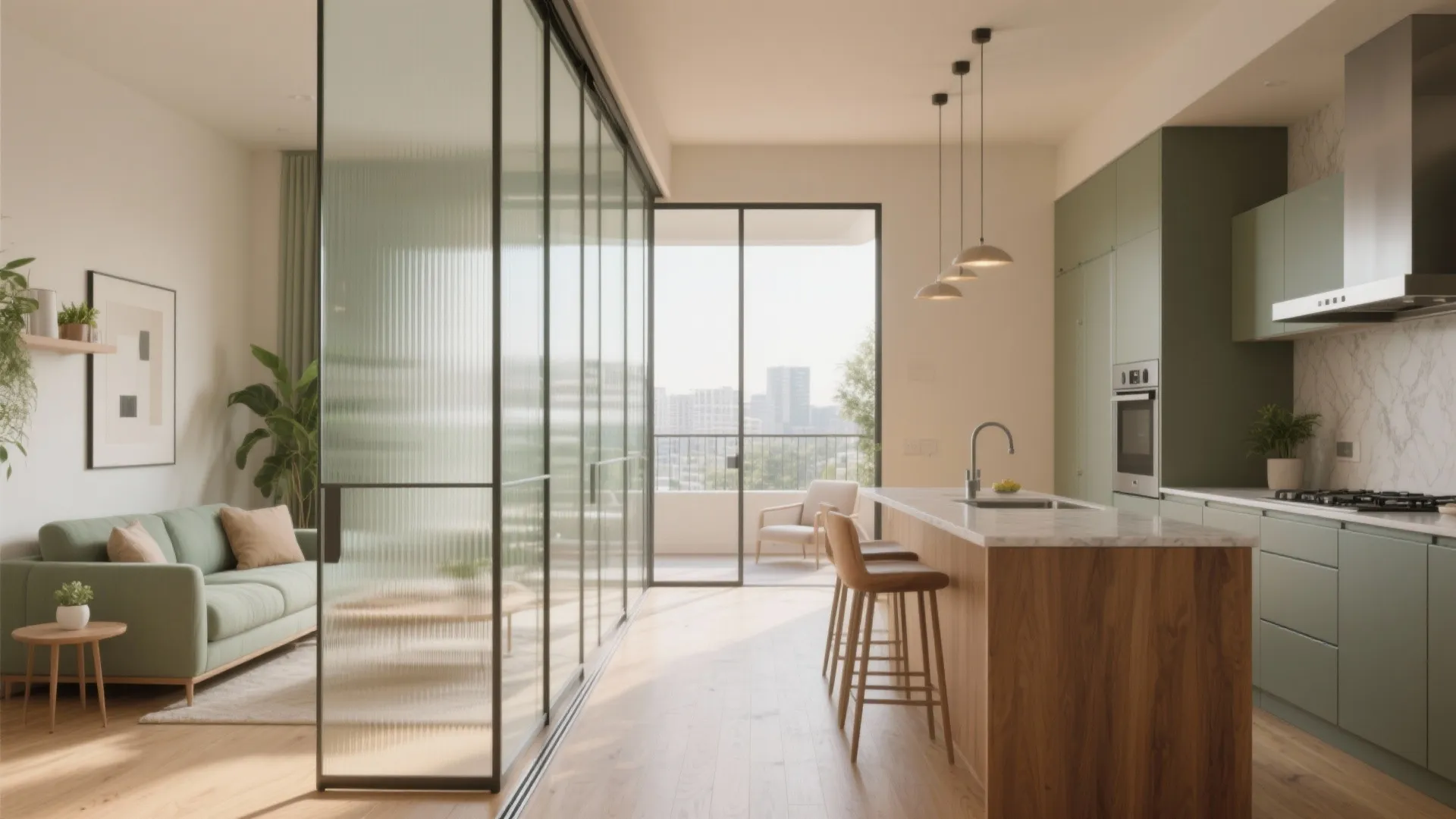 Open-plan living with a sliding glass partition