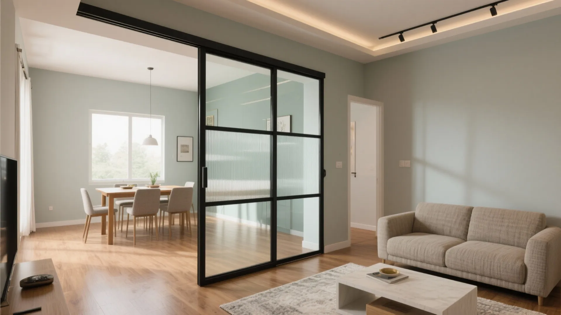 Open-plan living with sliding glass partitions