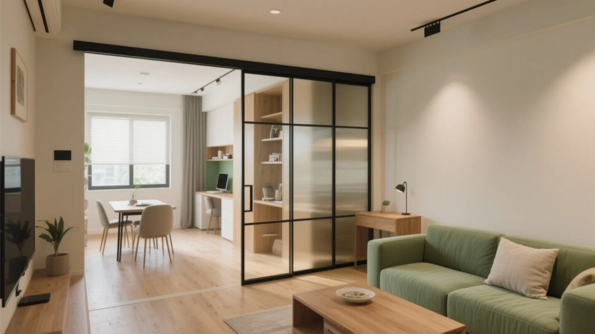 Flexible open living with a sliding glass partition