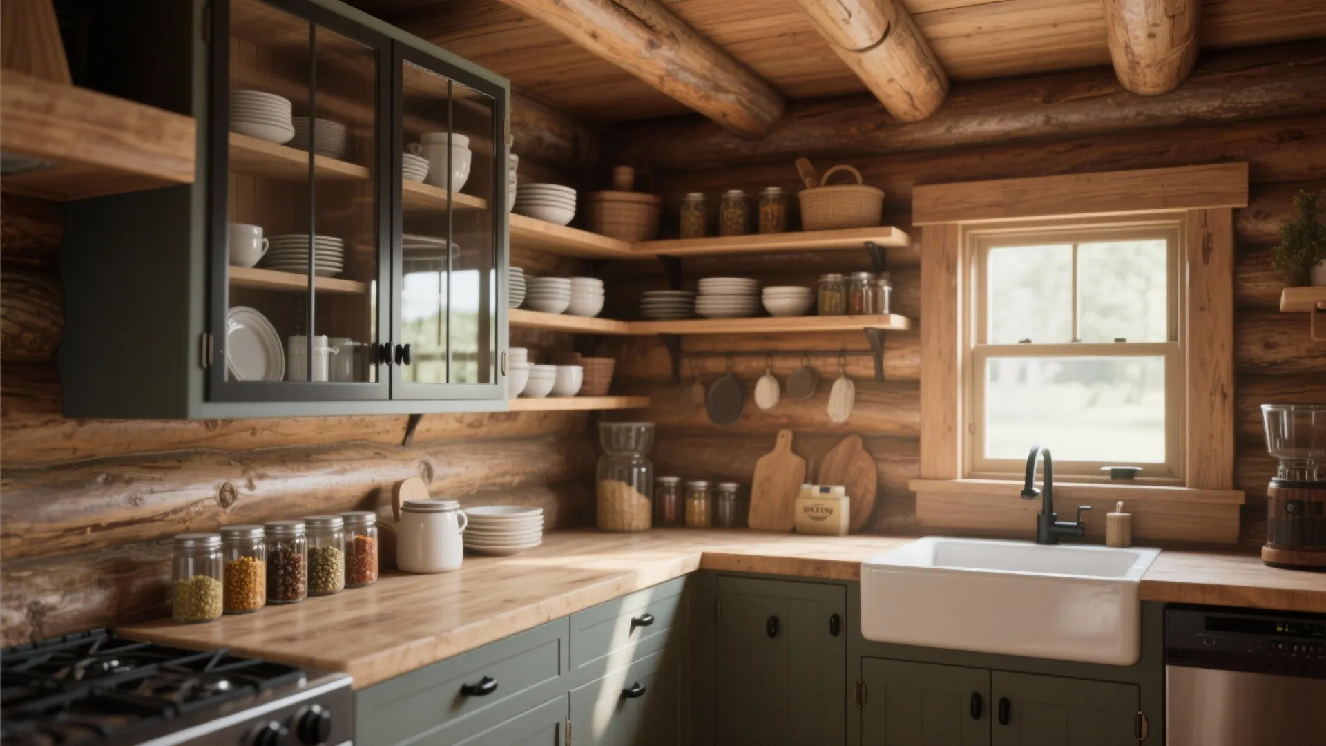 3. Use open shelving and glass cabinets to expand the feel
