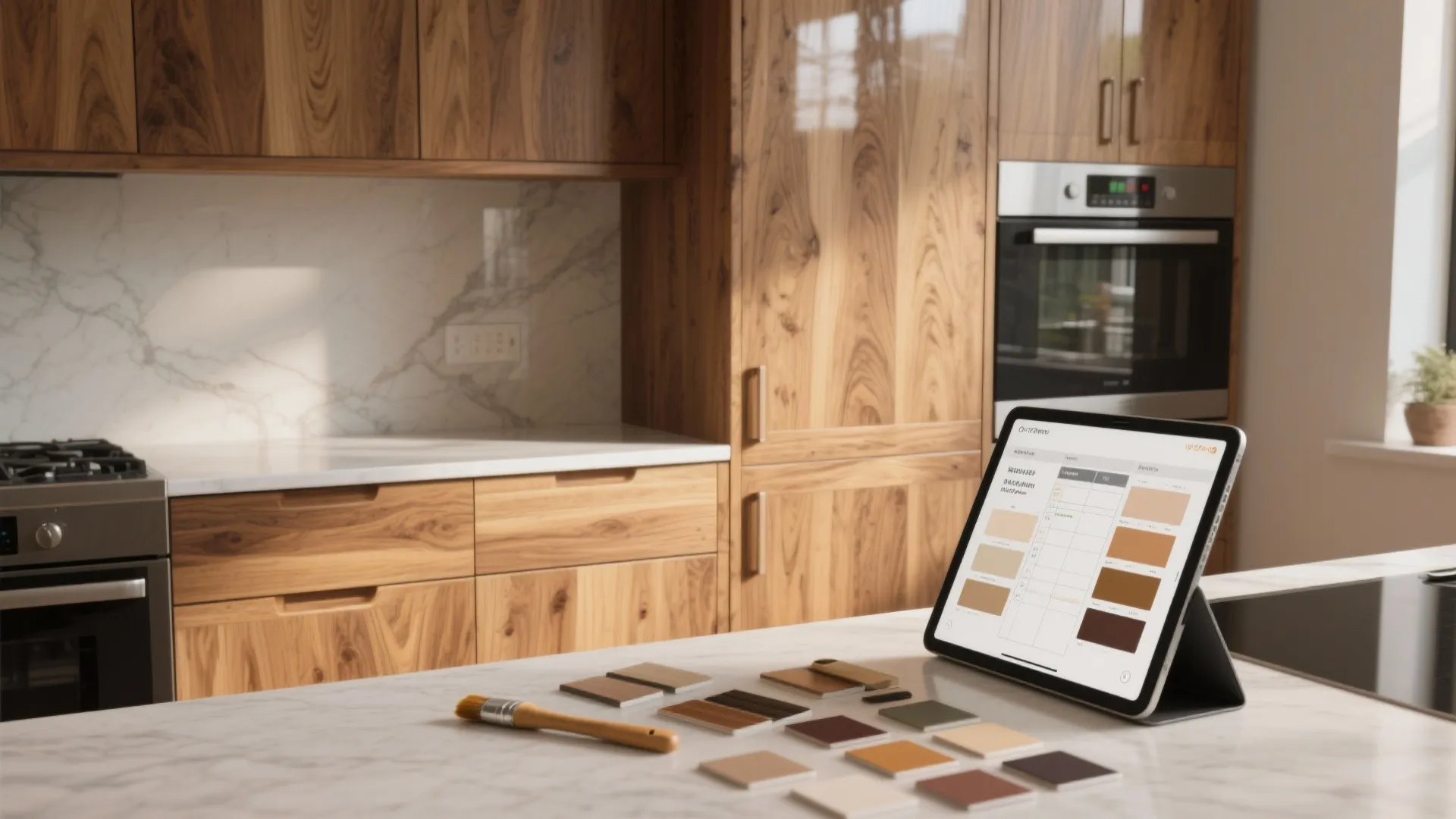 Tablet showing color palette on marble island in kitchen with wood cabinet units and marble backsplash
