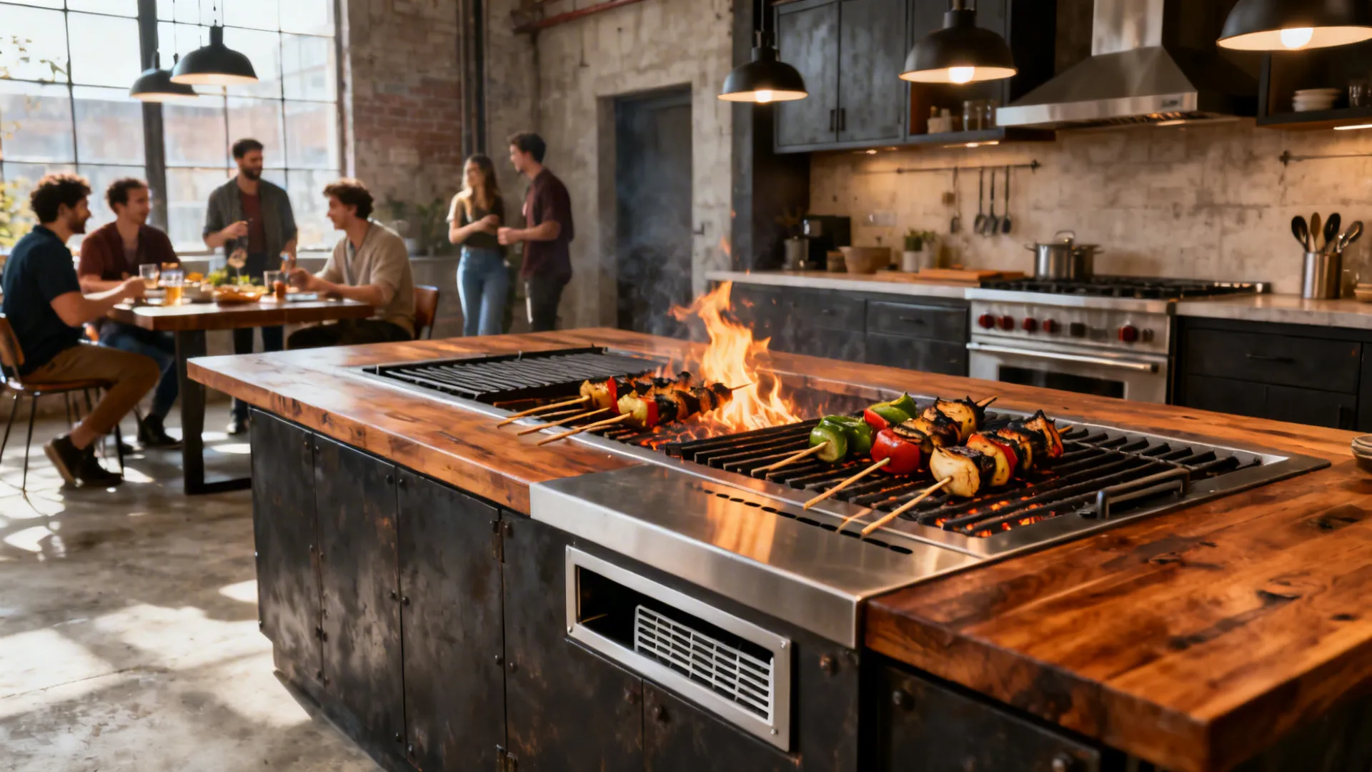 Loft kitchen with an open-grate fire table, downdraft vent, and safe clearances near an island.