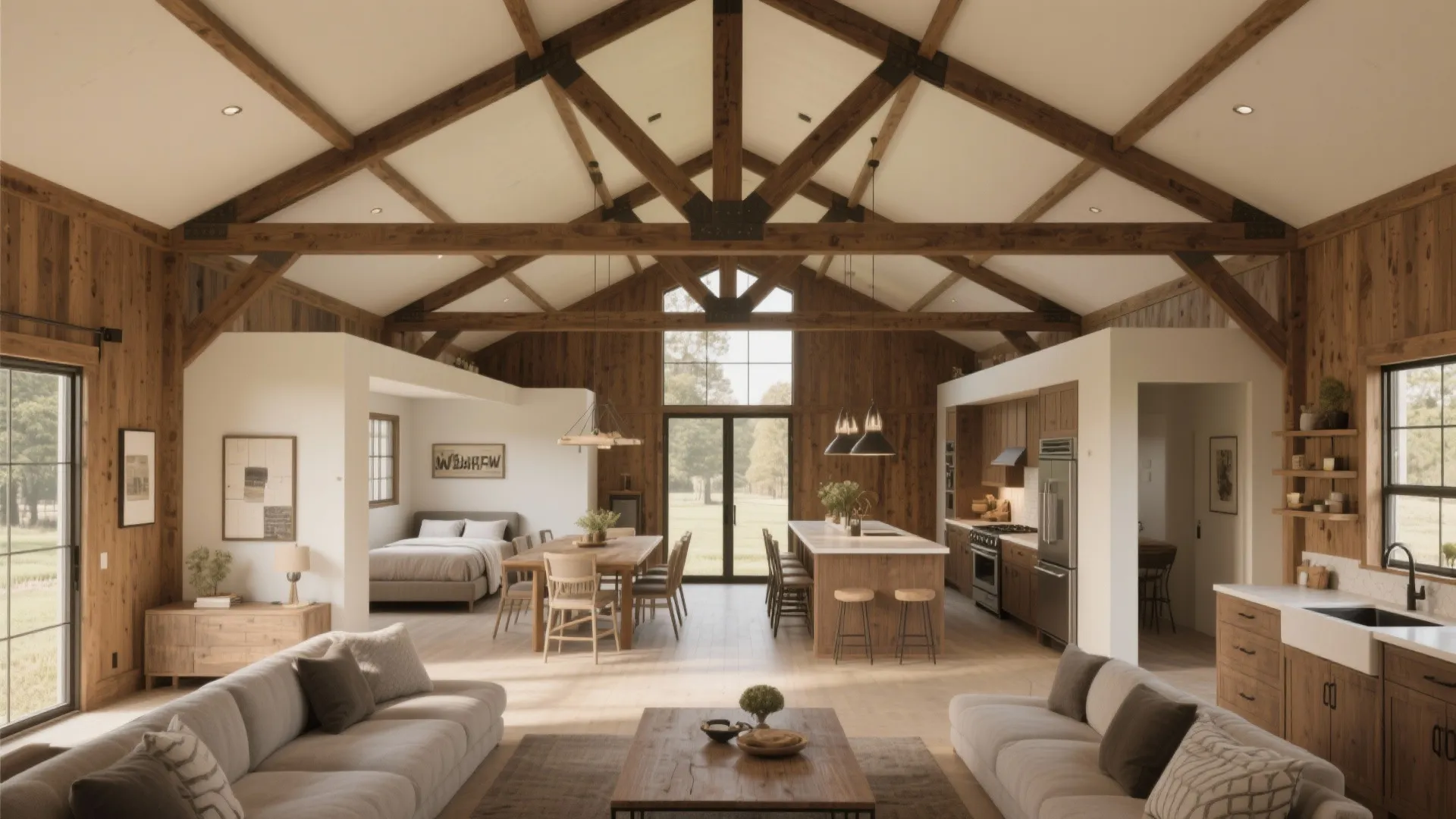 Modern open plan living room with high wood beam ceiling large windows and kitchen area