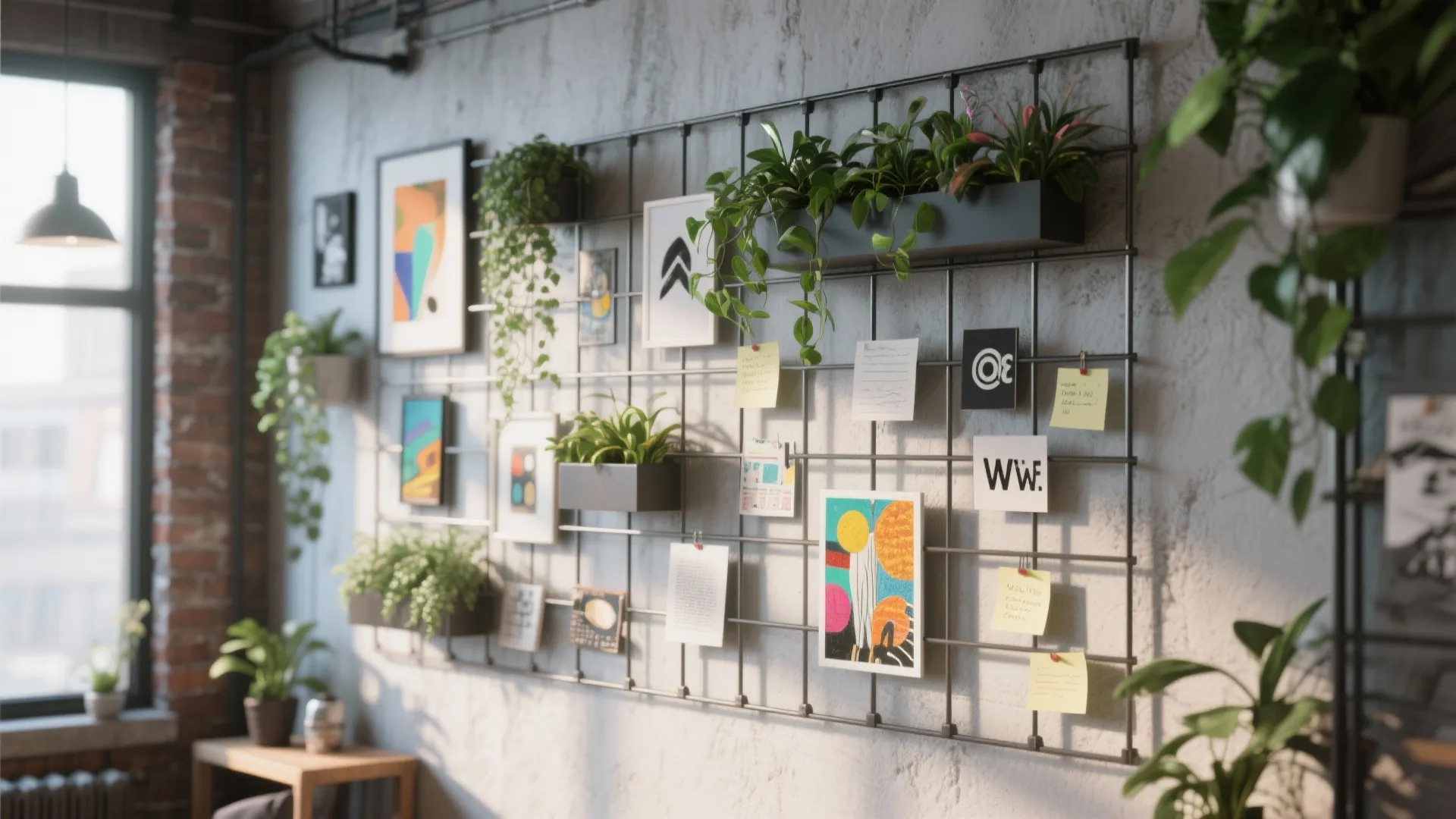 Industrial style wall with metal grid panel holding green plants pictures and yellow sticky notes