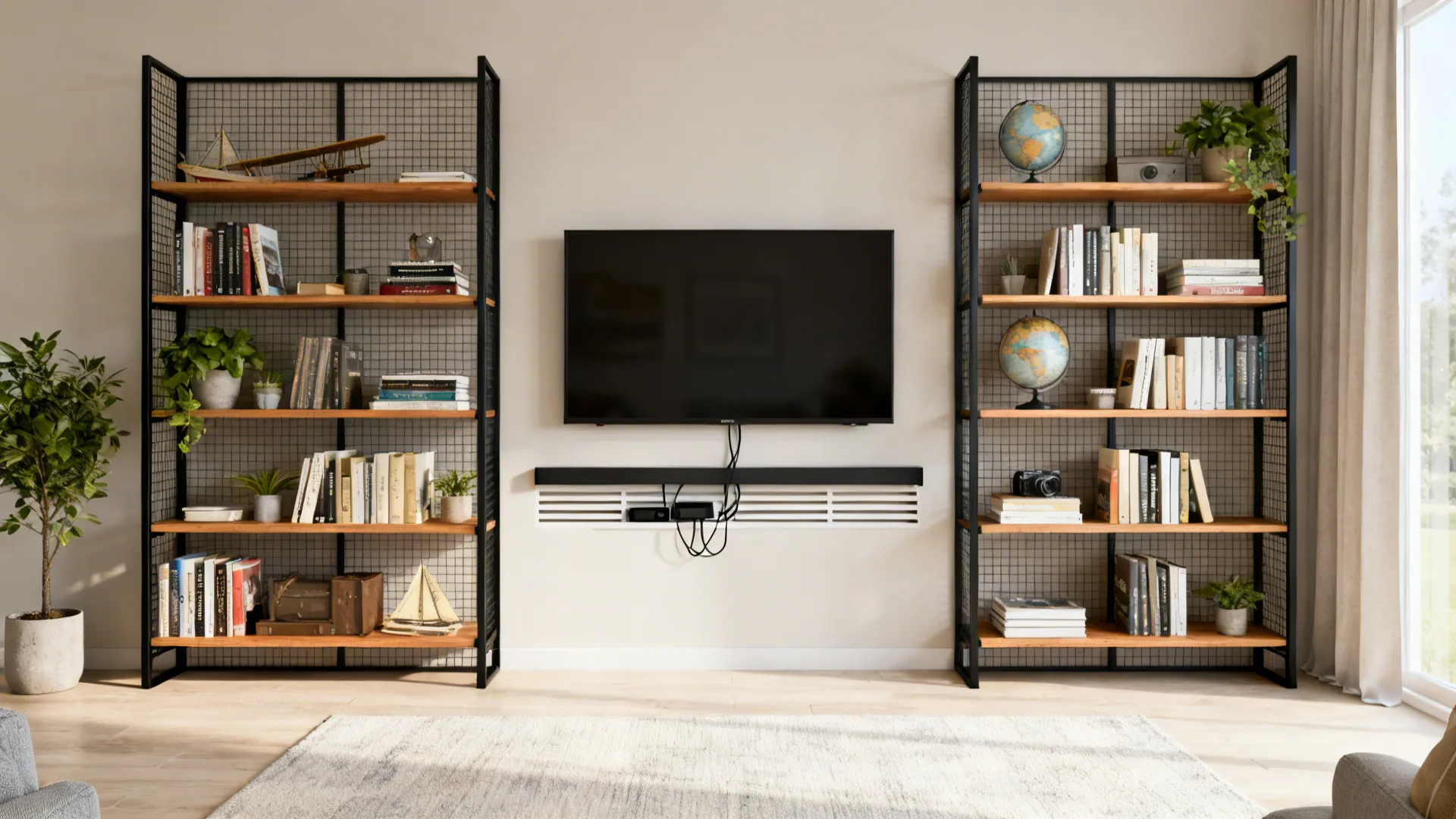 Living room with two black metal grid bookshelves, wooden shelves, wall-mounted TV, and potted plant