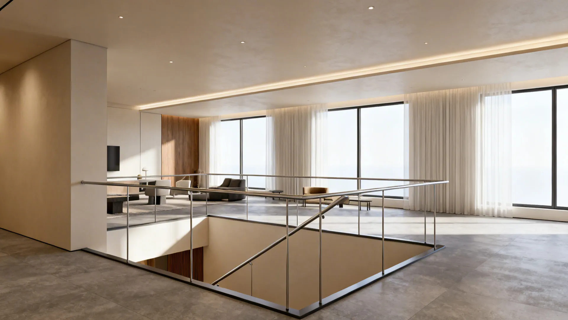 Minimalist interior with glass railing staircase, large windows, white curtains, wooden wall, and grey sofa