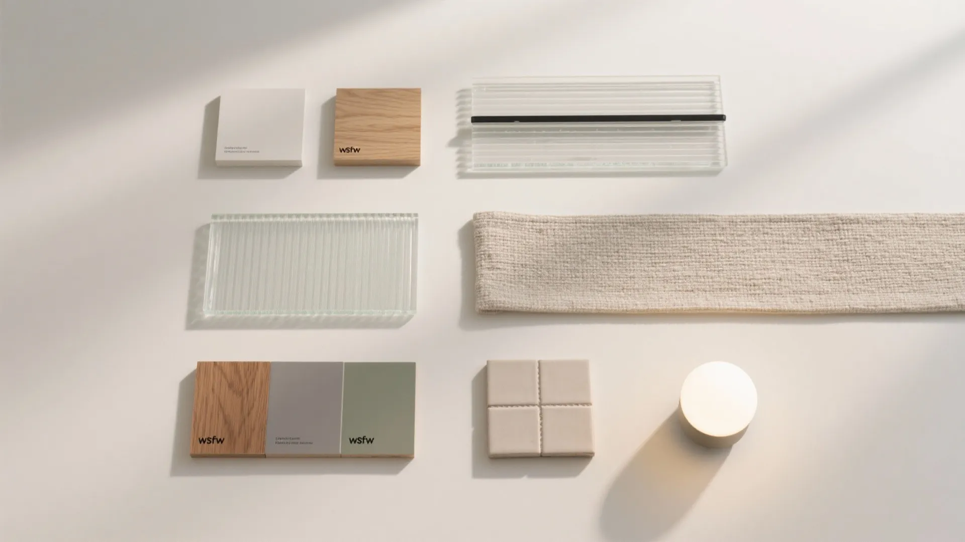 Flat lay of interior design material samples including wood tiles fabric and glass for decorating