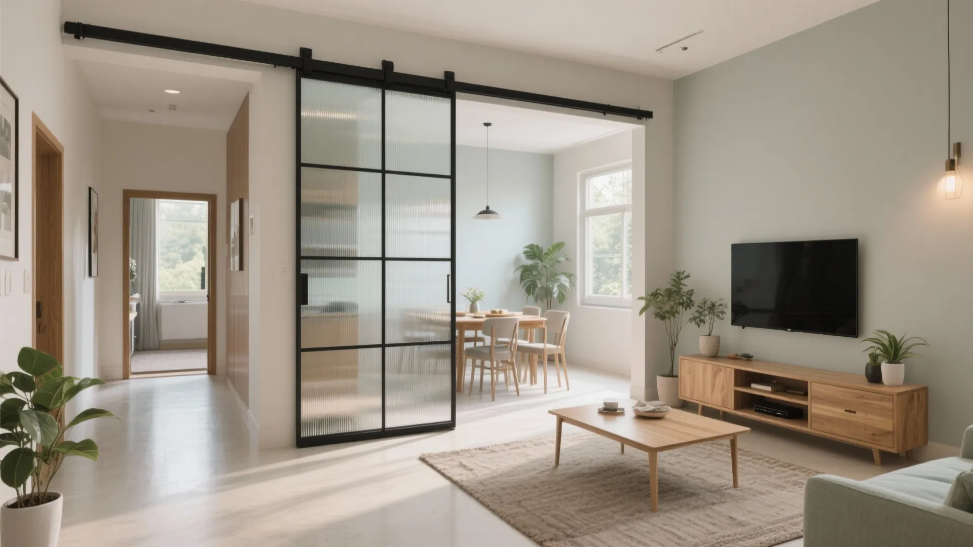 Open-plan hall with a sliding glass partition