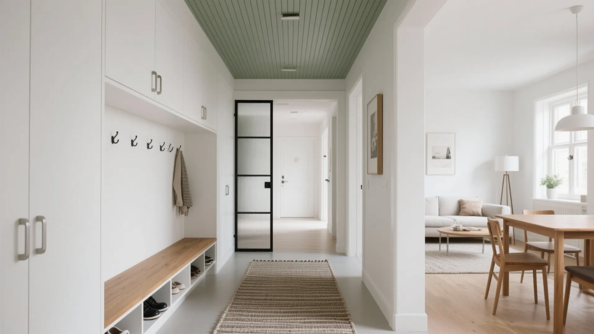 Entryway with white cabinets wooden bench green ceiling and view into dining and living area