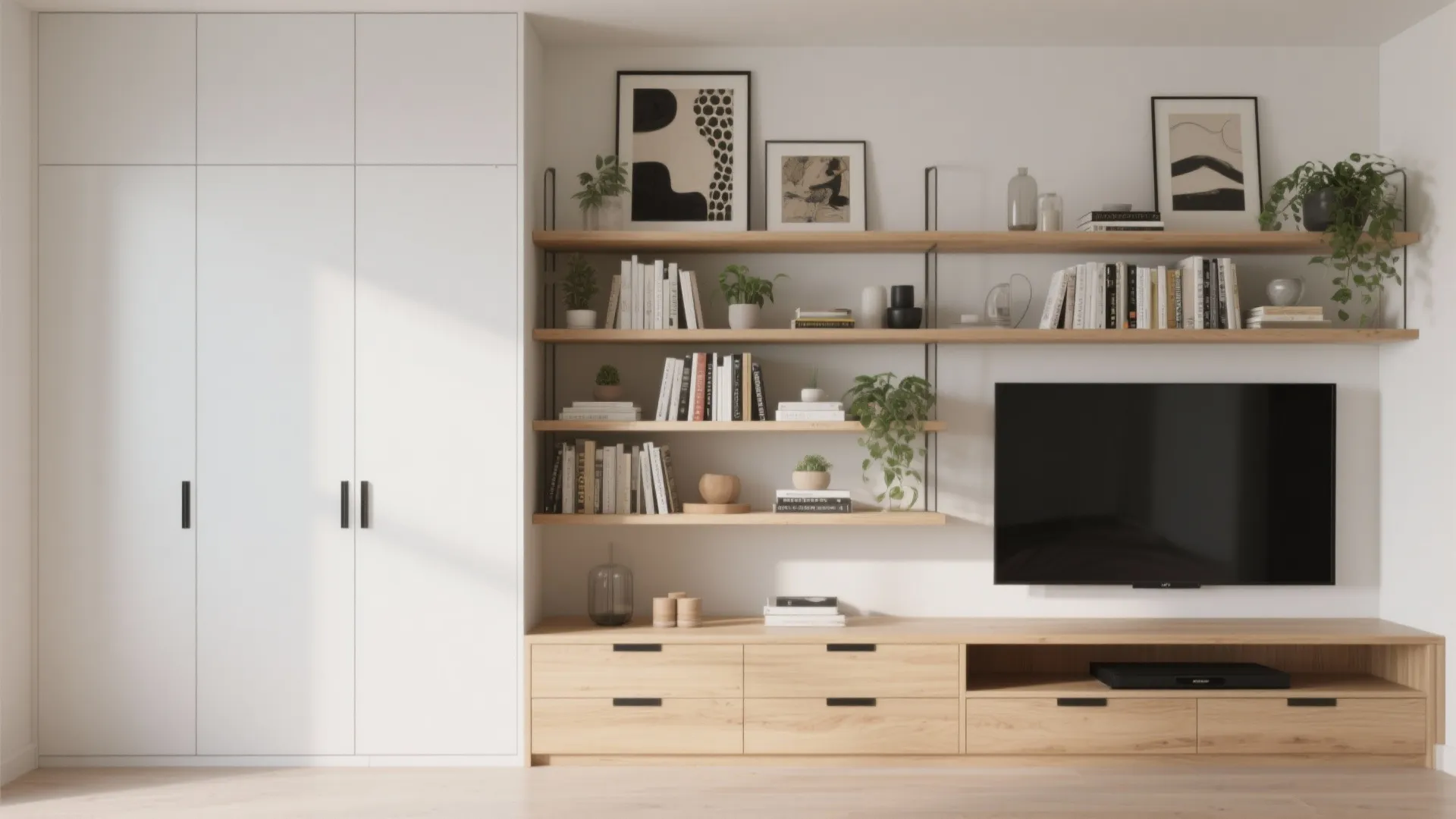 White wall cabinet next to wooden shelves holding books and plants above a large television