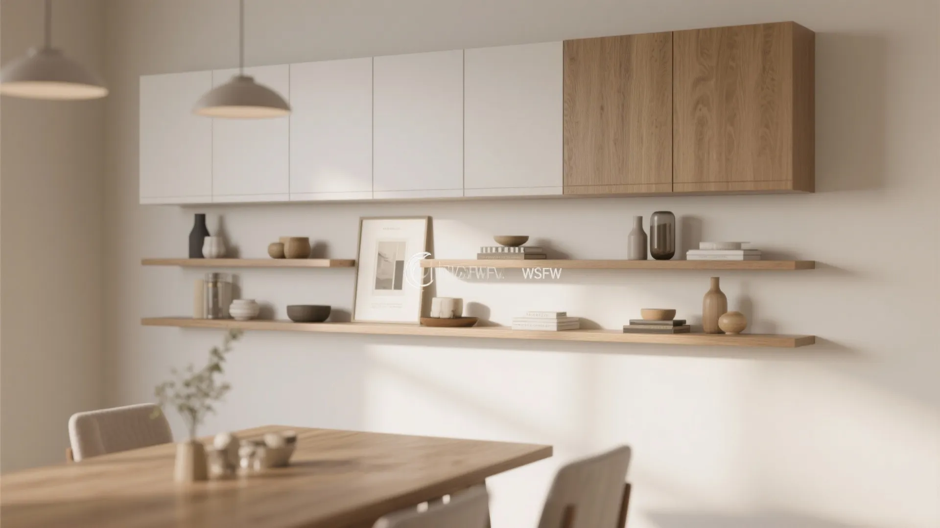 Modern white wall cabinets above long wooden floating shelves decorated with books and ceramic vases