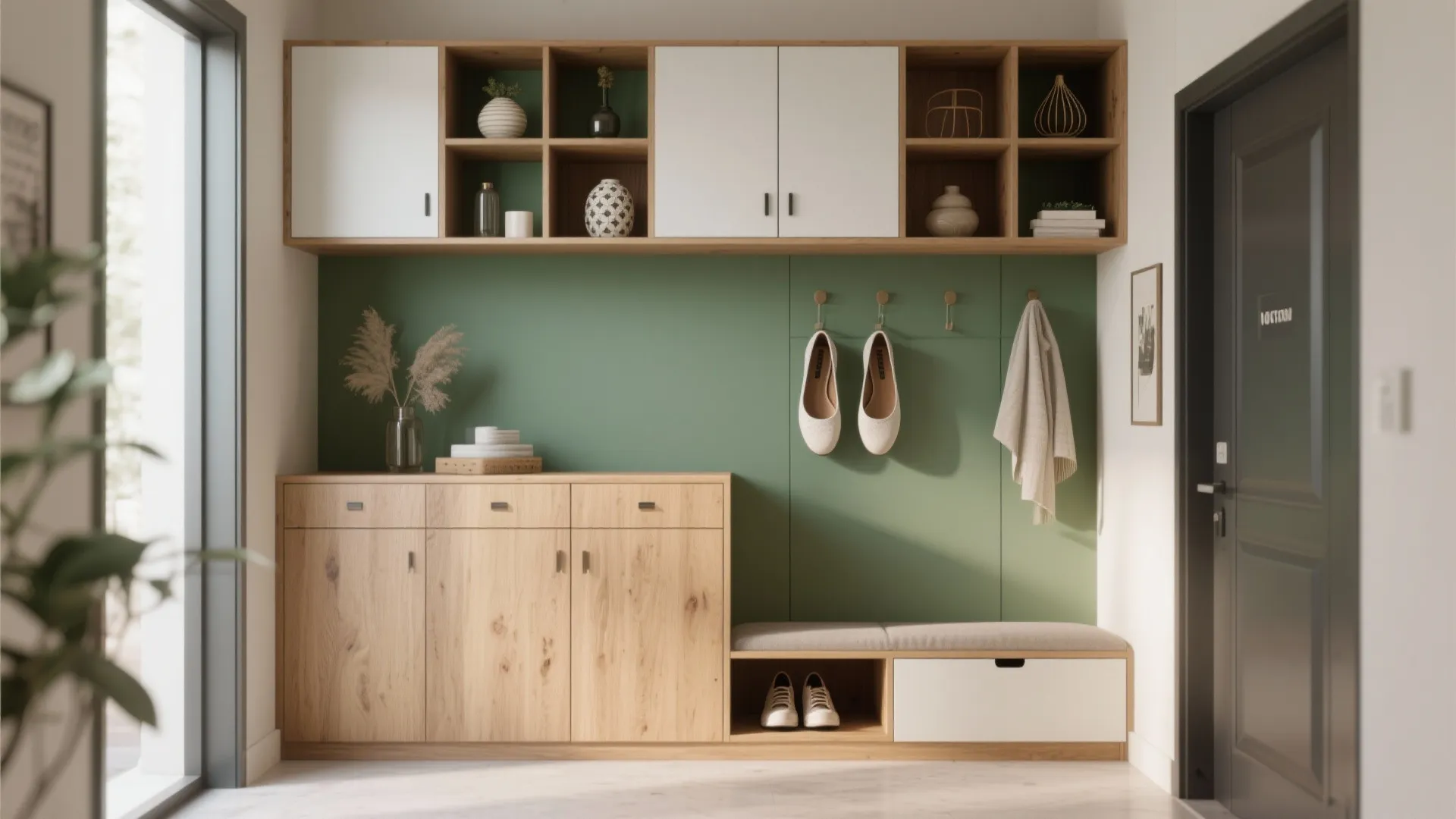 Modern entryway with green wall, wooden storage cabinets, wall hooks, hanging shoes, and sitting bench