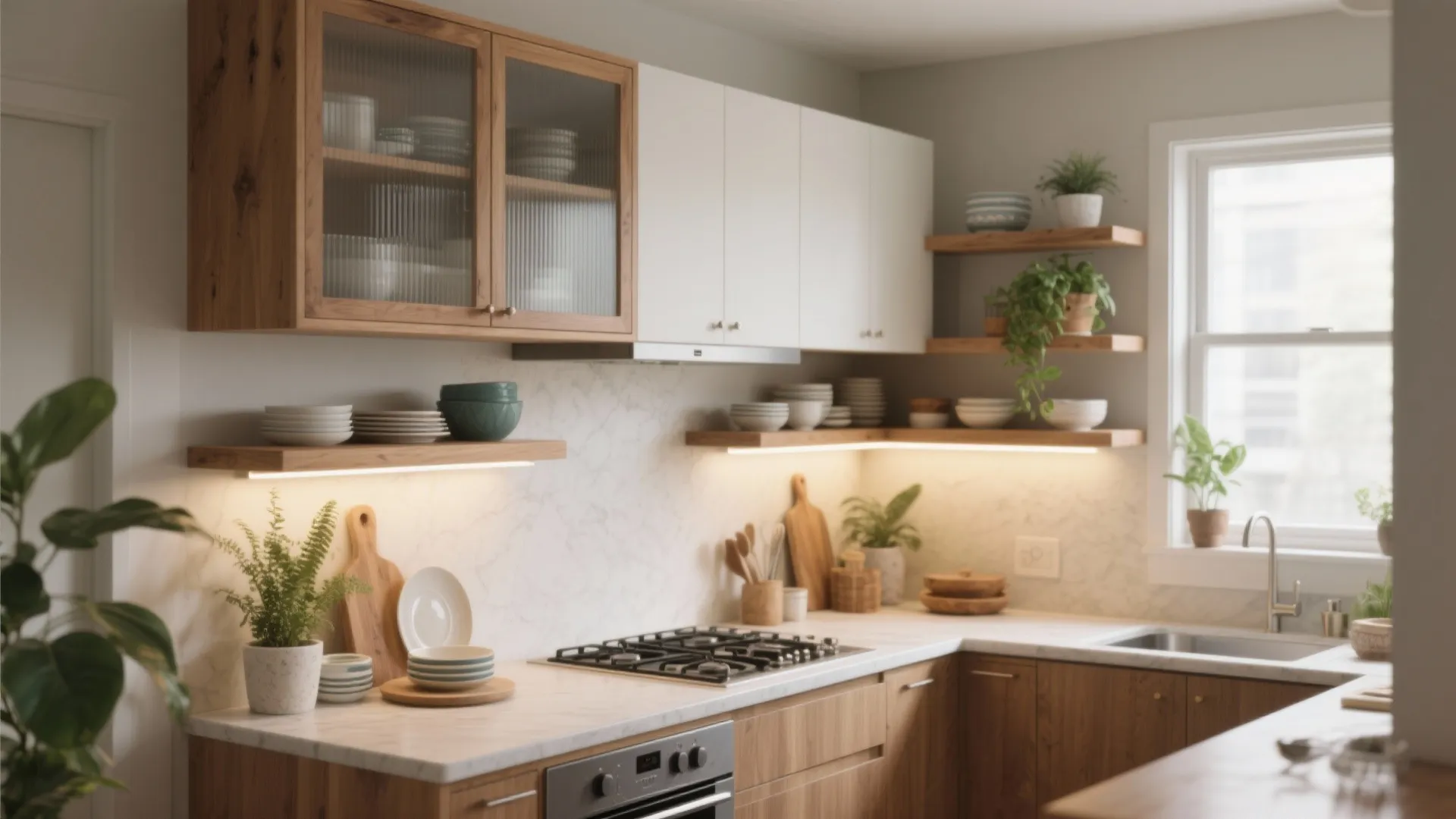 Modern kitchen with wooden cabinets white upper cupboards marble backsplash and open wooden shelves with greenery
