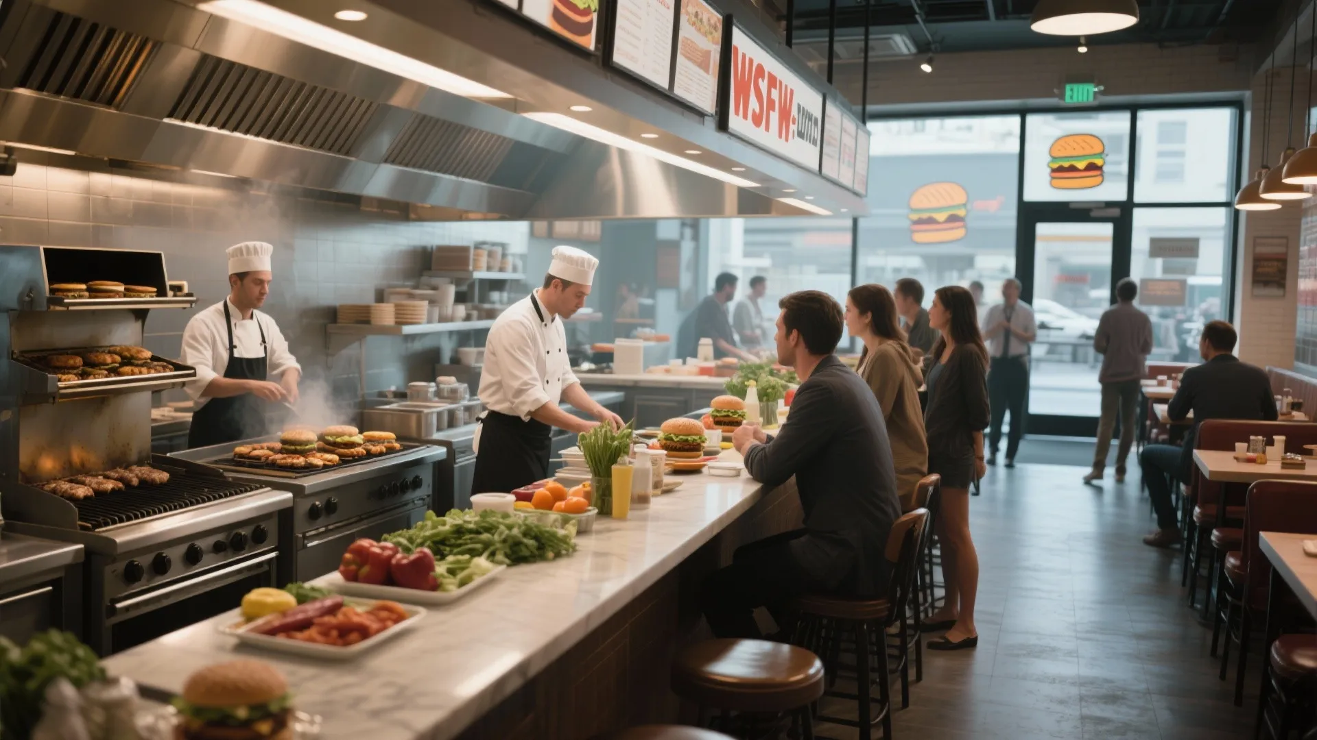 Open burger kitchen with customer view of cooking process