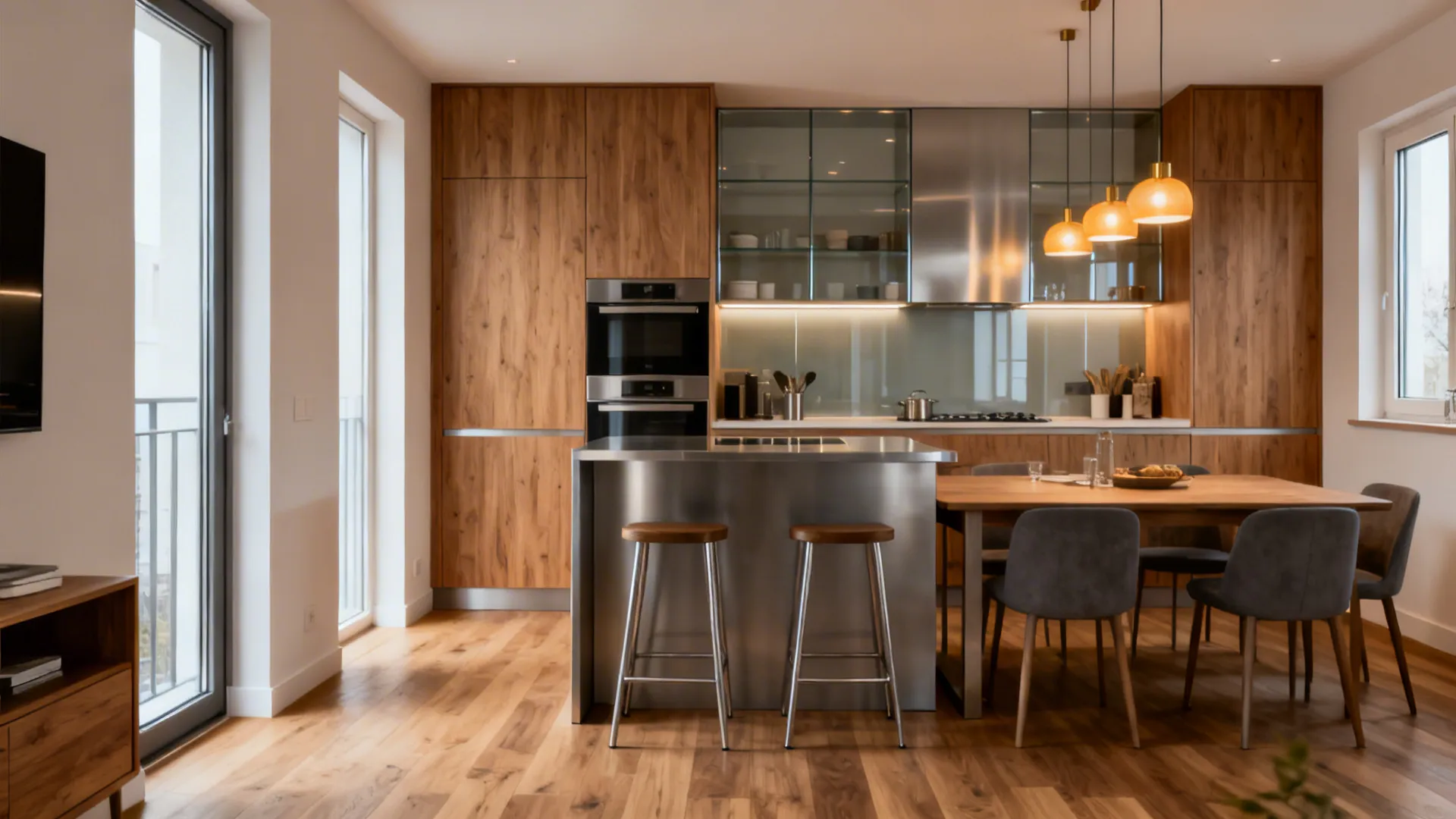 Open kitchen and dining area with wooden cabinets metal island grey chairs and large windows
