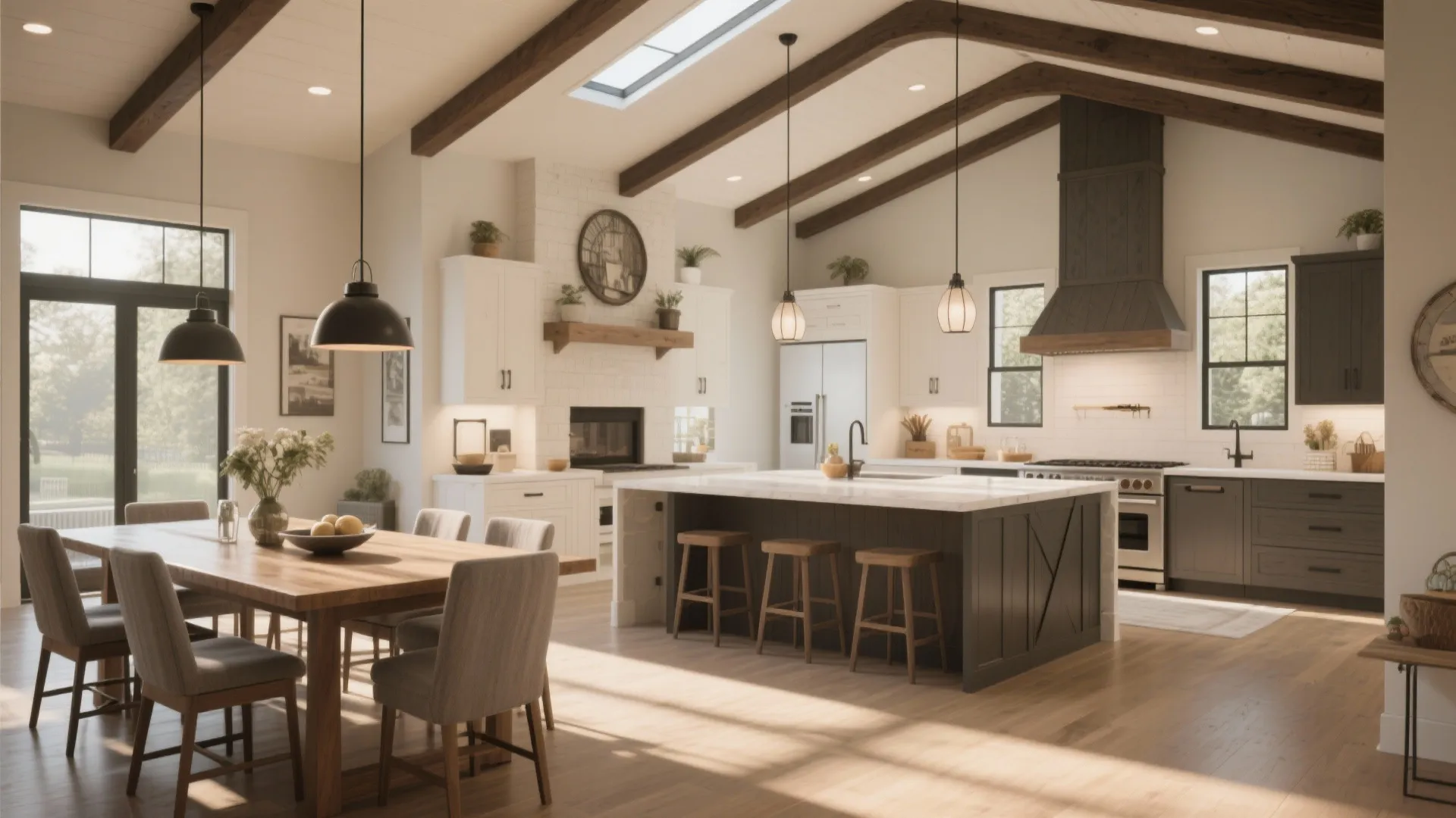 Modern open kitchen and dining area with wooden ceiling beams black light fixtures and large island
