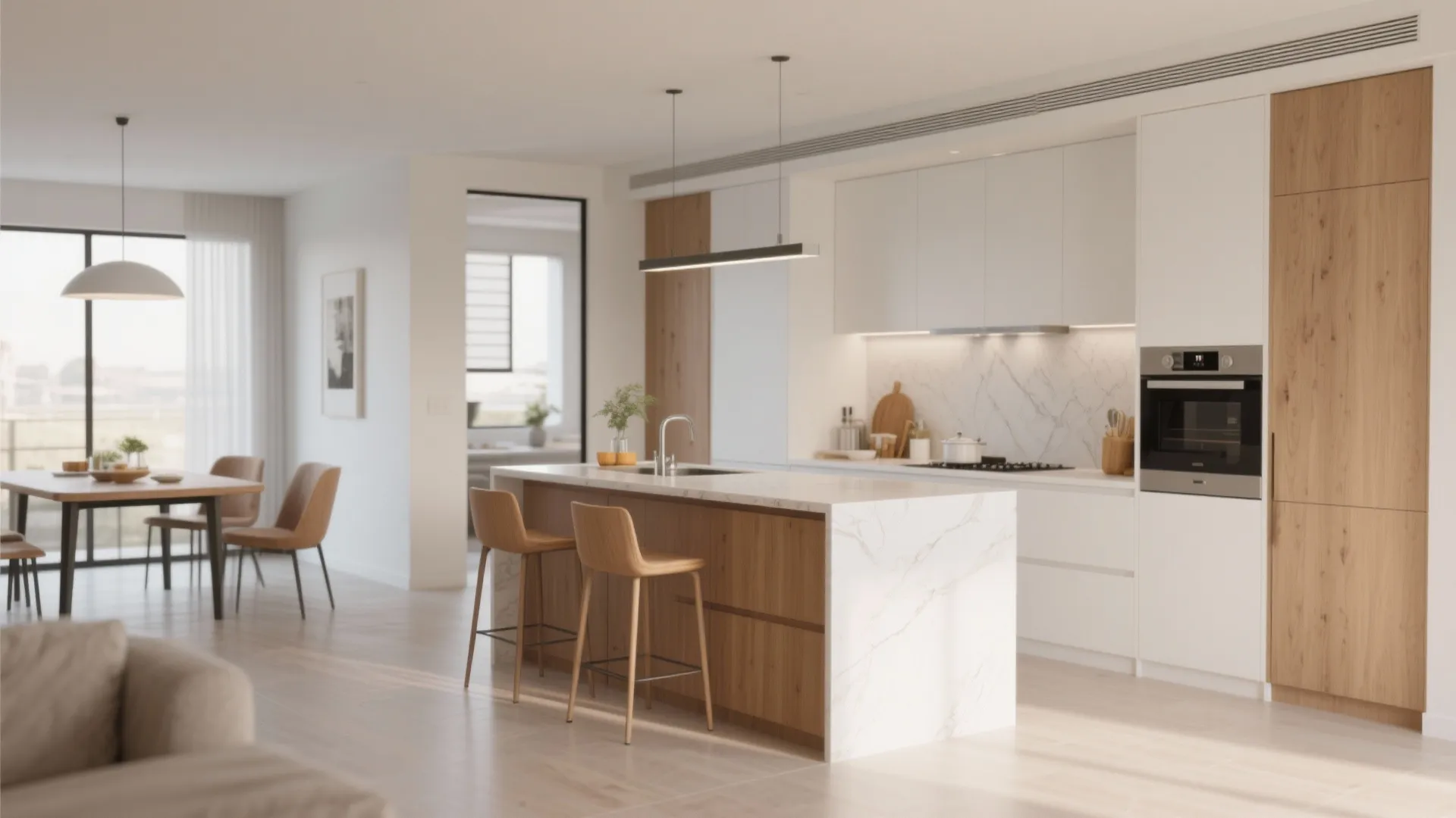 Bright white kitchen with marble backsplash wood island stools and dining table in the background
