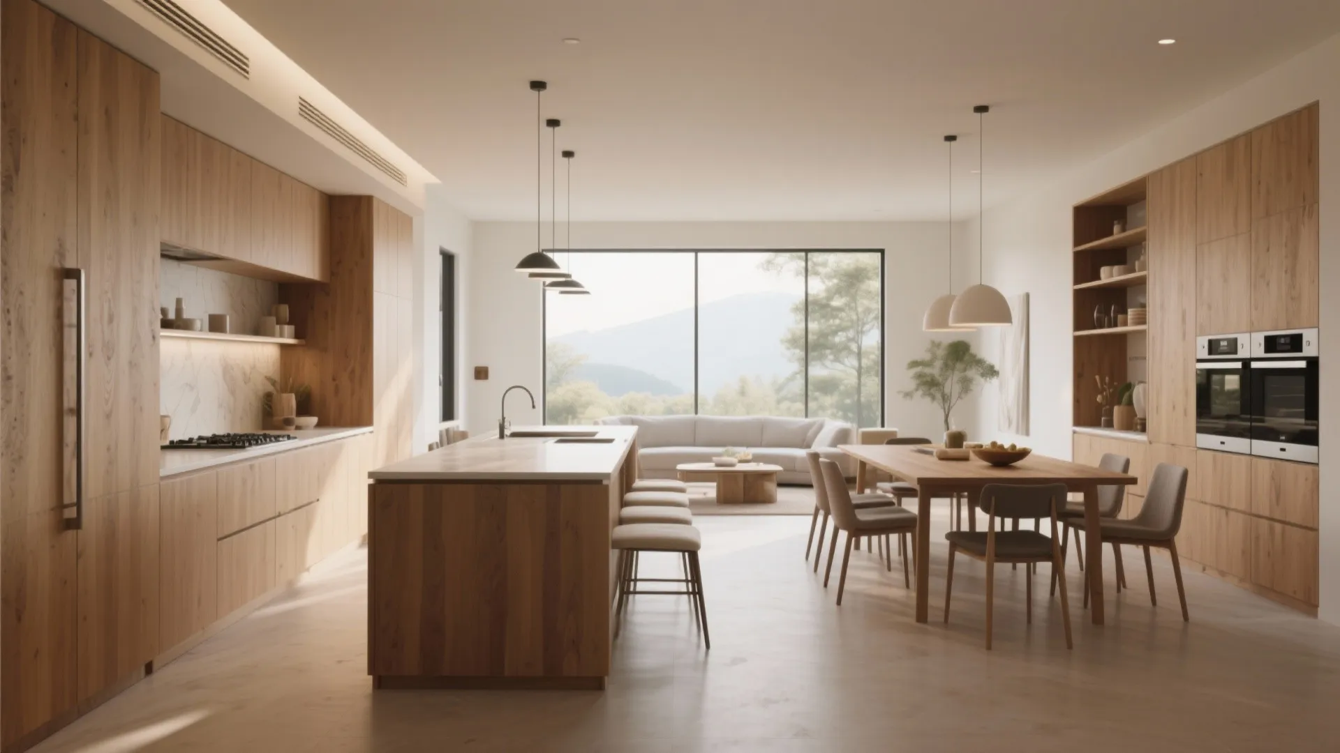 Large open kitchen with wooden island dining table and big windows showing green trees outside