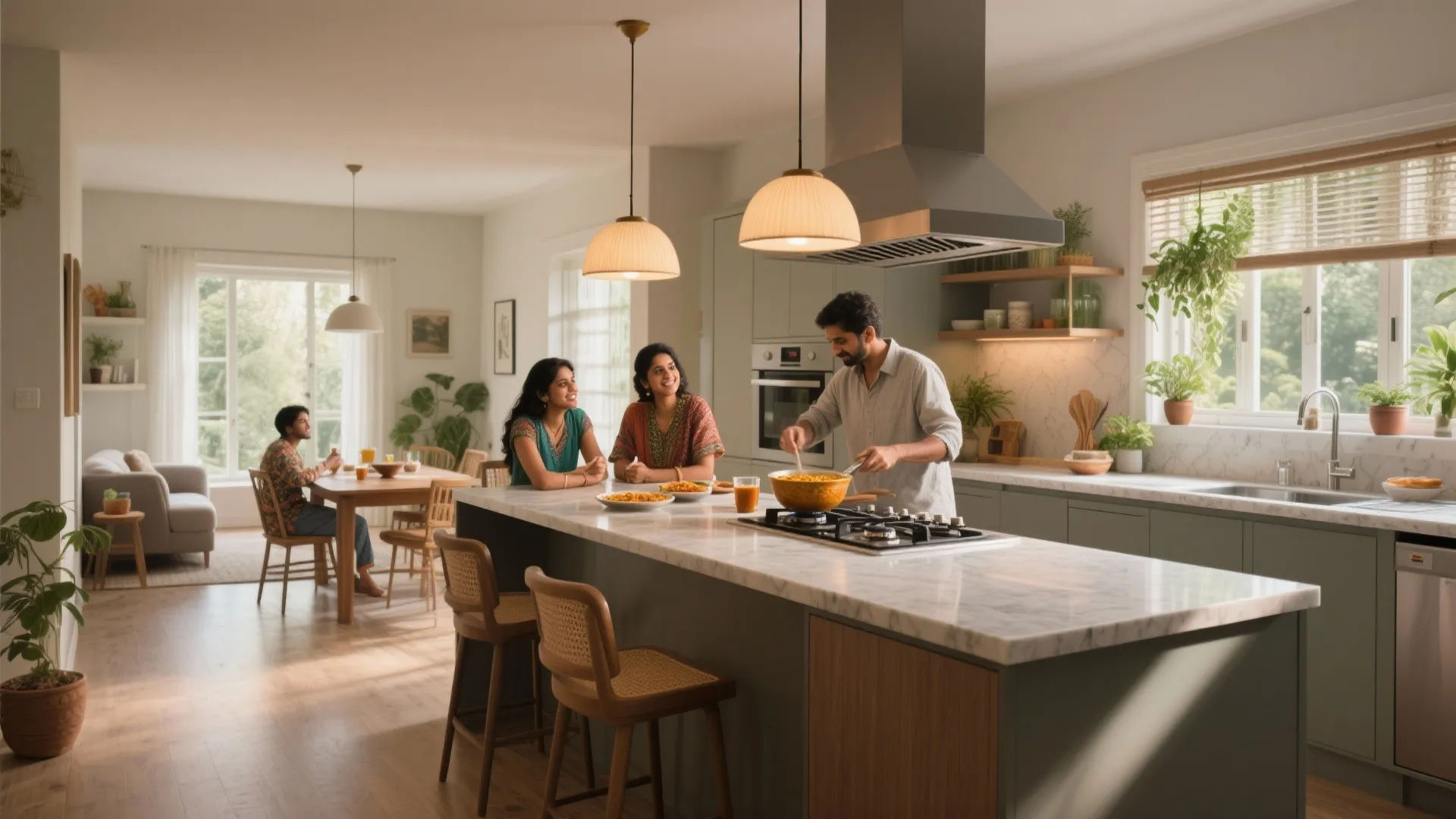 Bright open kitchen and dining area with family cooking together at a large marble island table