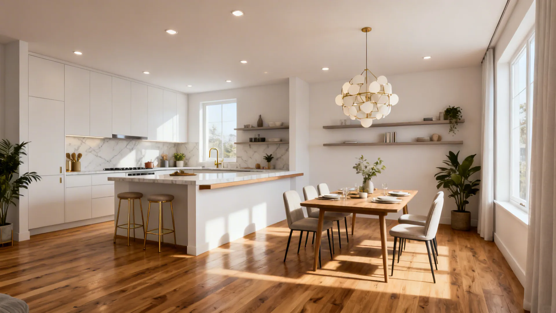 Bright open kitchen and dining area with white cabinets wood floors and a ceiling light