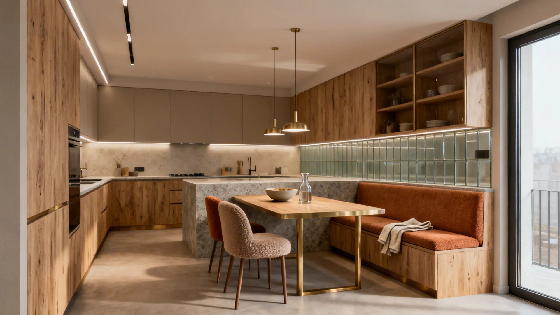 Modern open kitchen featuring wood cabinets, stone island, dining table, orange bench, and ceiling lights