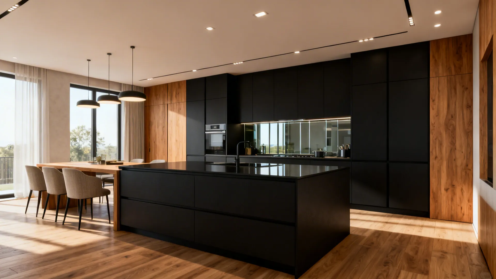 Modern kitchen with black island wooden cabinets dining table chairs wood floor and natural light