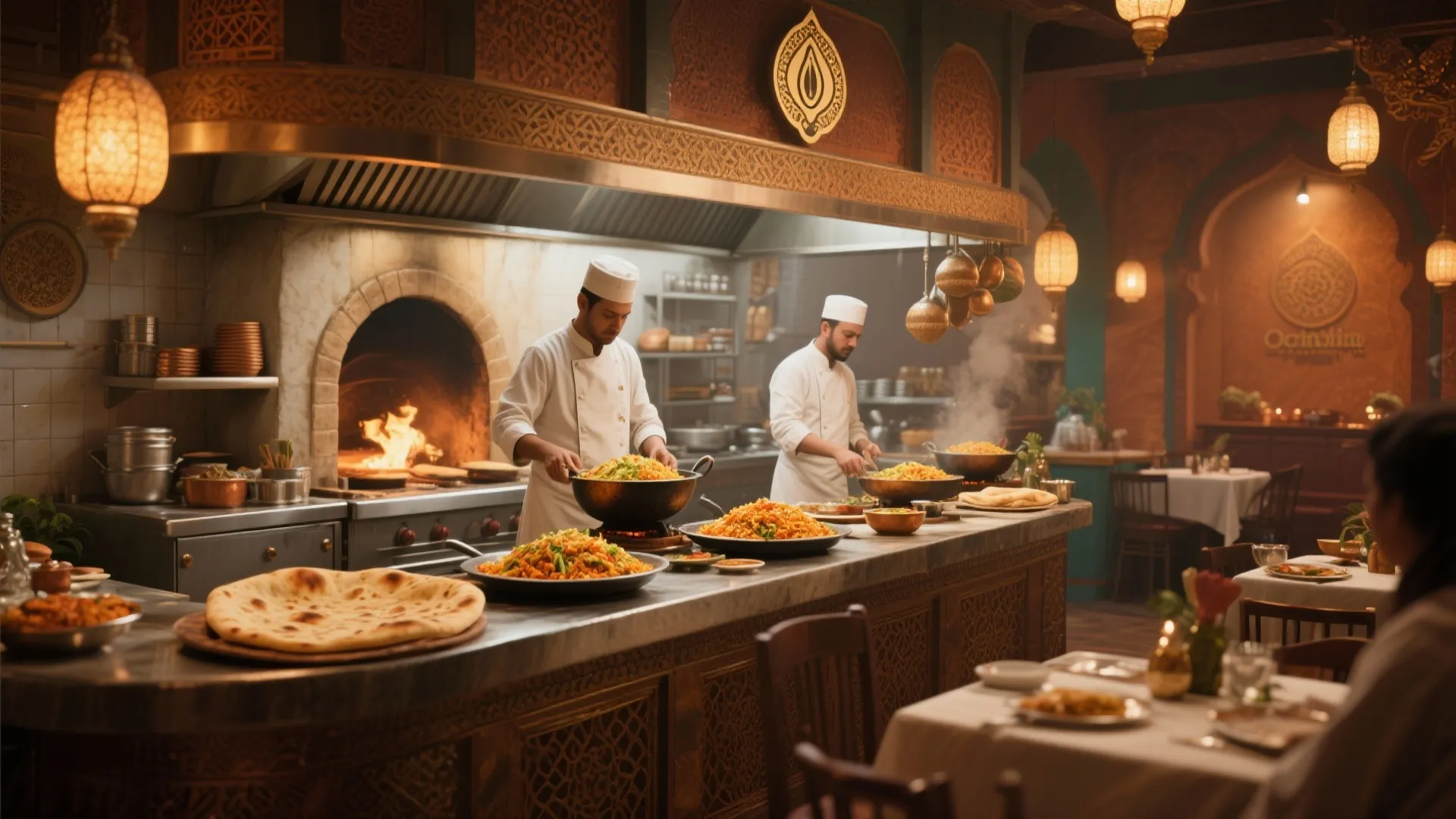 Open kitchen with chefs preparing Indian dishes