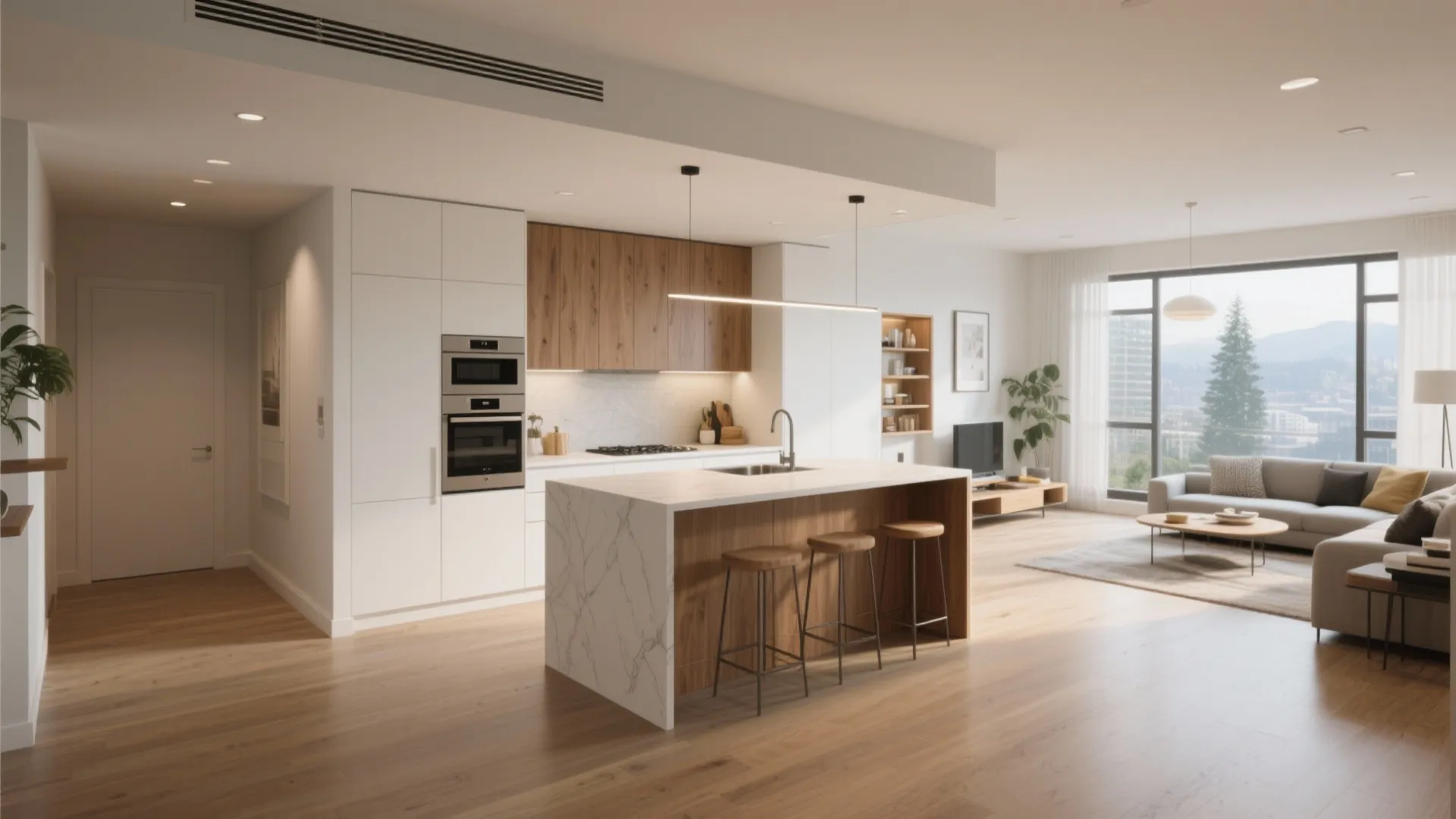 Open-plan kitchen with a partial island and subtle flooring change to define zones in a compact suite.