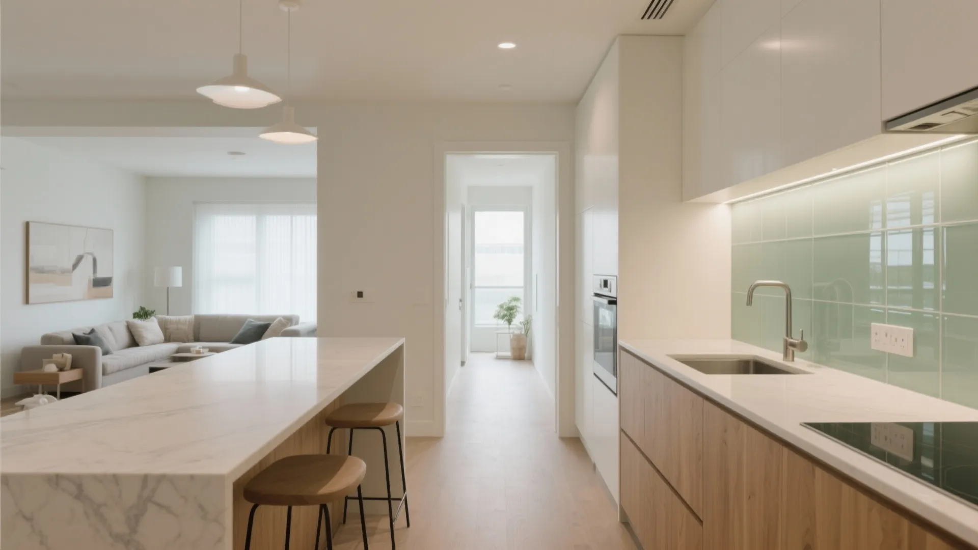 Glass backsplash and light-reflective finishes in the open kitchen